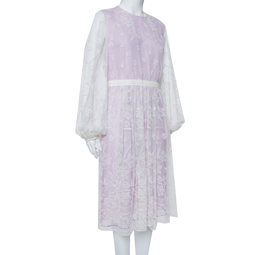 

Burberry White & Lilac Embroidered Lace Balloon Sleeve Detail Midi Dress, Purple