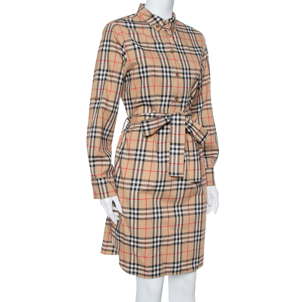 

Burberry Beige Cotton Vintage Check Belted Shirt Dress