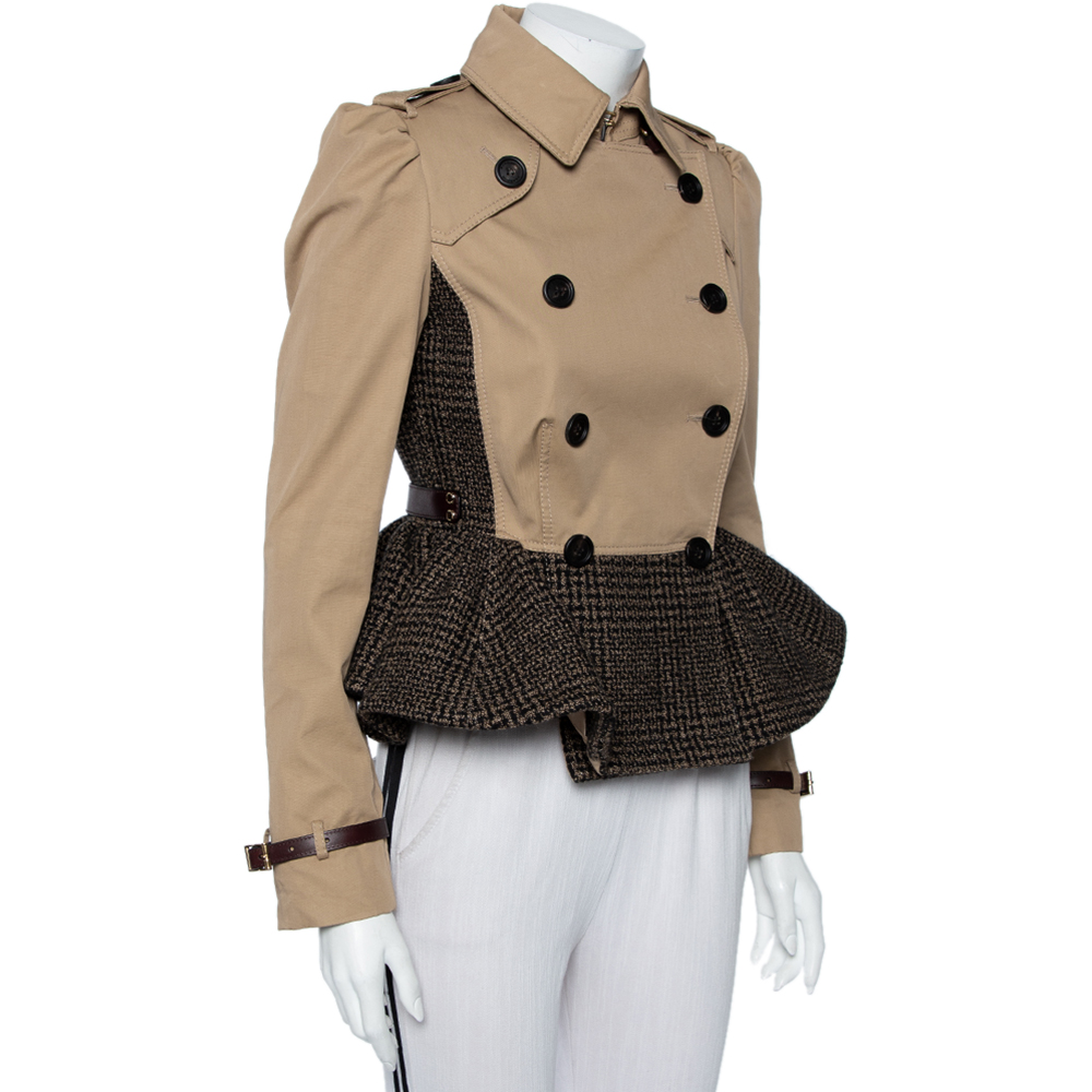 

Burberry Prorsum Beige Cotton & Black Tweed Paneled Peplum Double Breasted Jacket