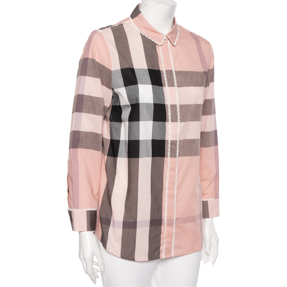 

Burberry Pink Checked Cotton Lace Trimmed Button Front Shirt