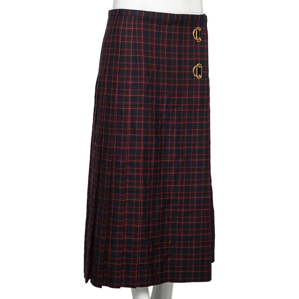 

Burberry Navy Blue Arroux Checkered Wool Pleated Midi Wrap Skirt