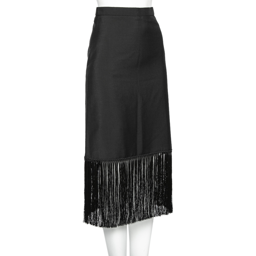 

Burberry Black Mohair & Wool Tassel Trim Fringed Skirt