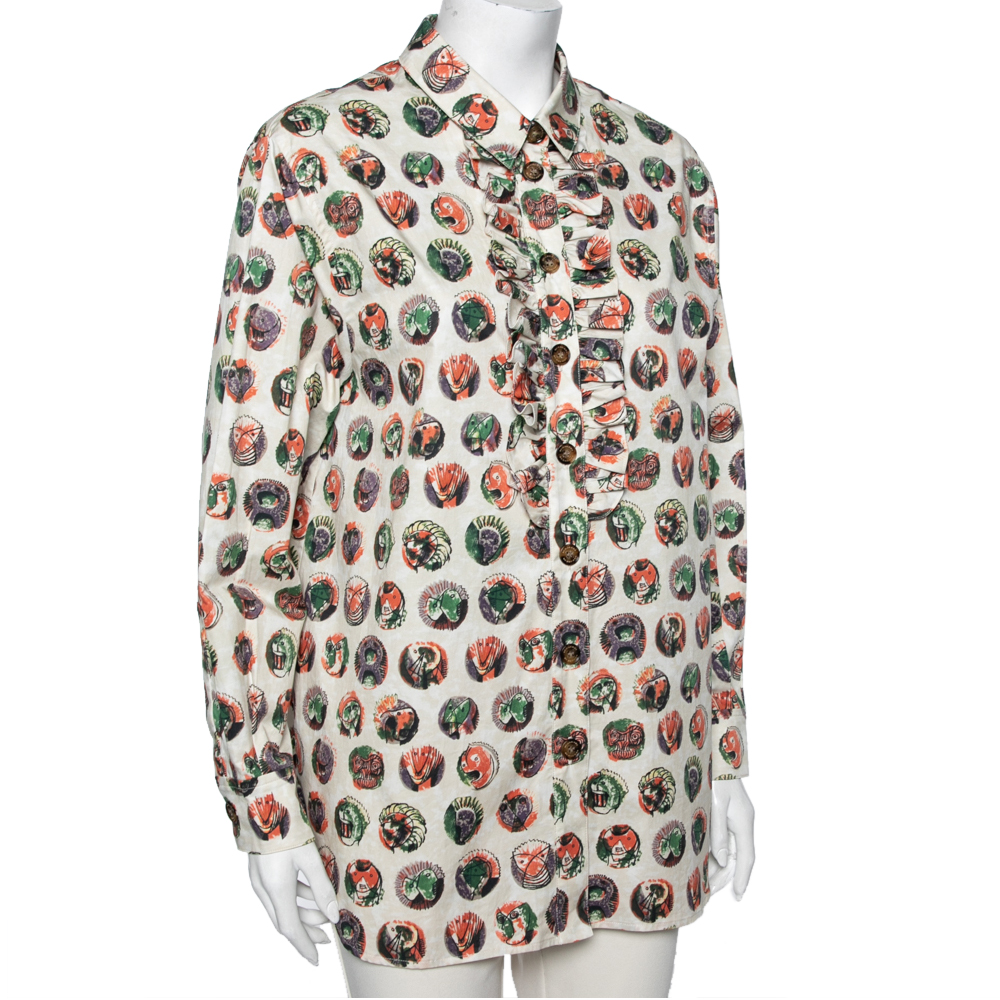 

Burberry Beige Monster Mask Print Cotton Ruffle Trimmed Shirt