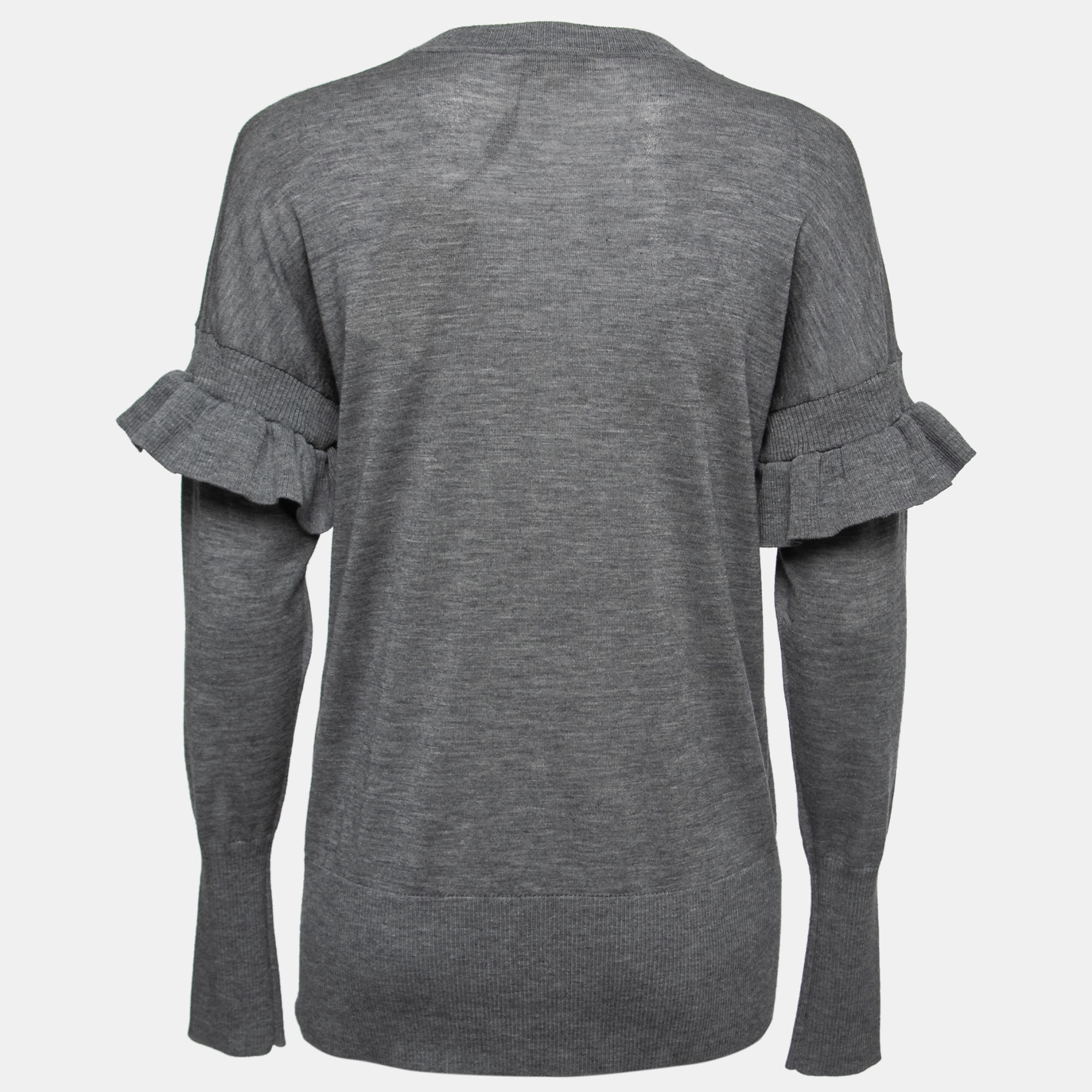 

Burberry Grey Wool Ruffled Sleeve Button Front Cardigan