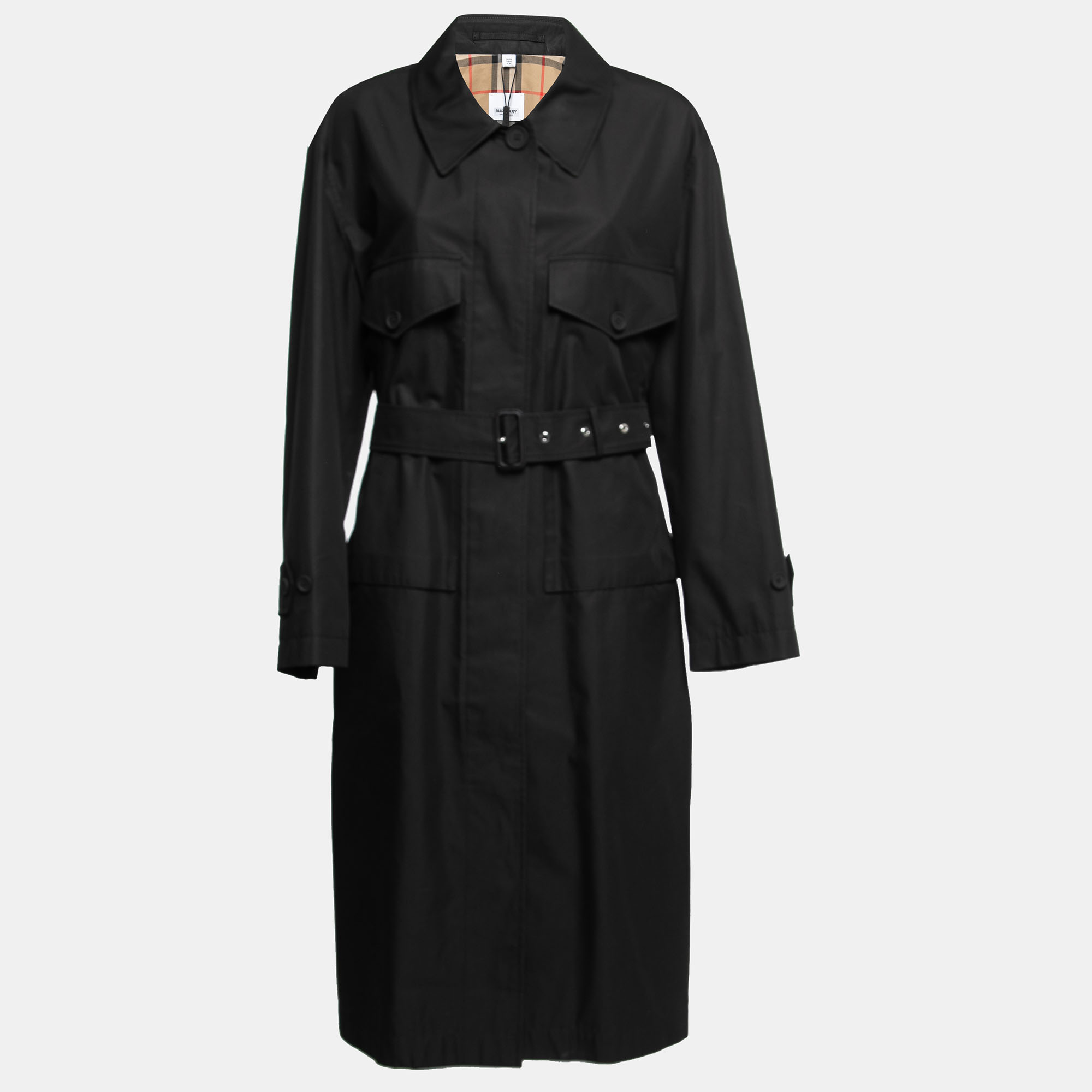 Pre-owned Burberry Black Gabardine Swingate Belted Trench Coat L