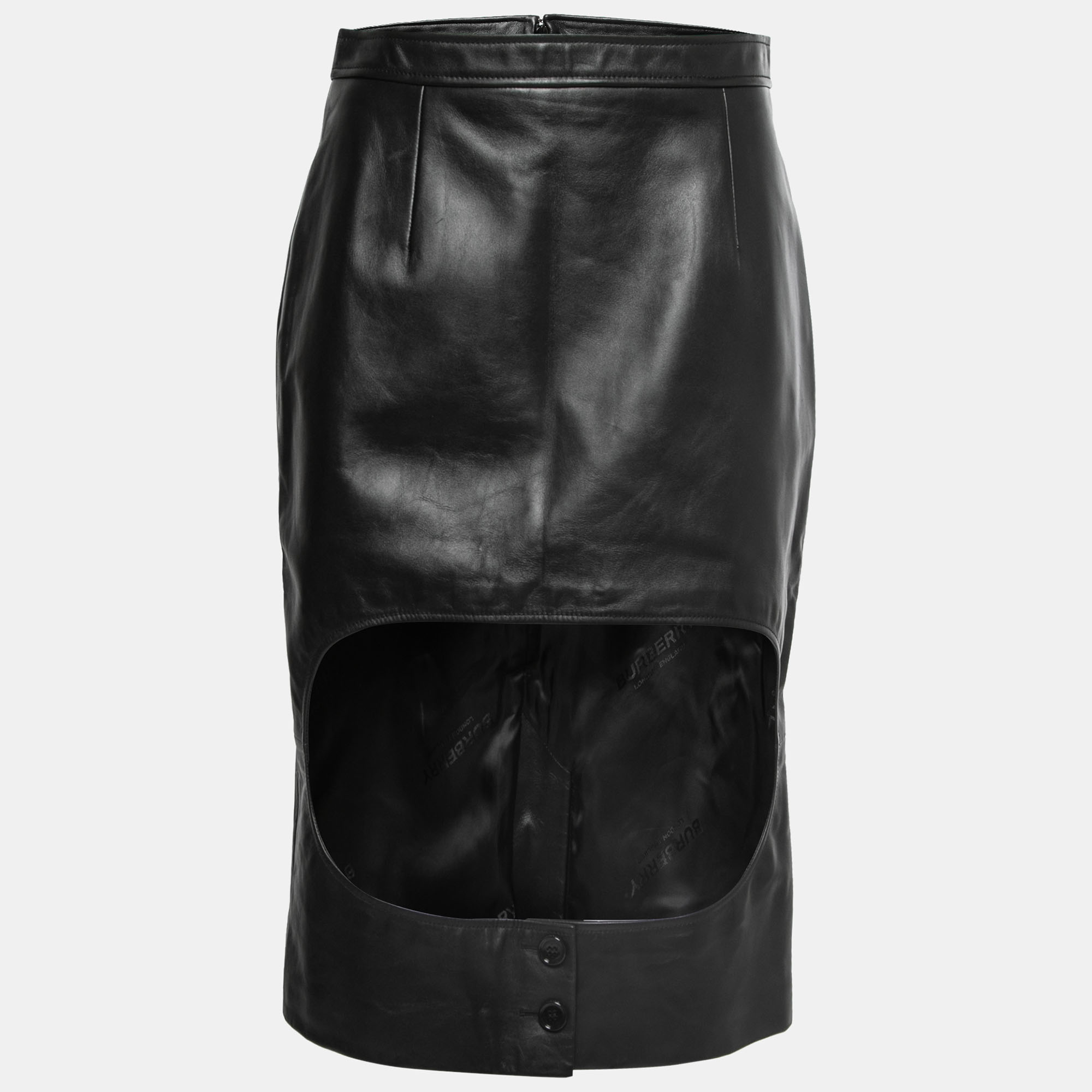 Pre-owned Burberry Black Leather Cut Out Pencil Skirt S