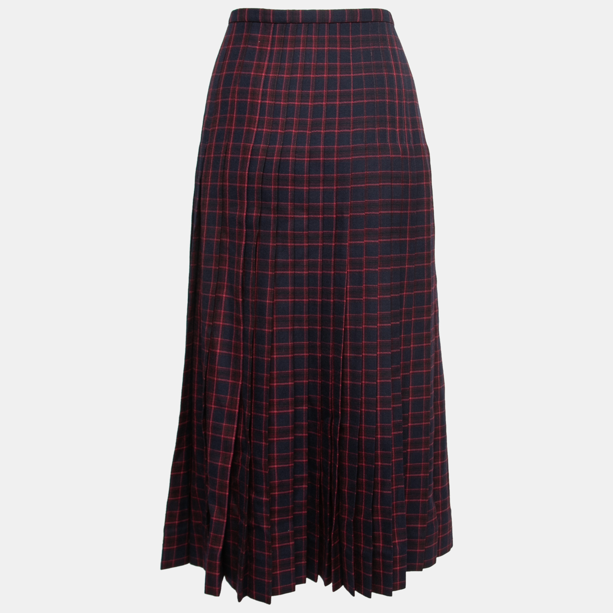 

Burberry Blue & Pink Arroux Checked Pleated Wrap Midi Skirt, Navy blue