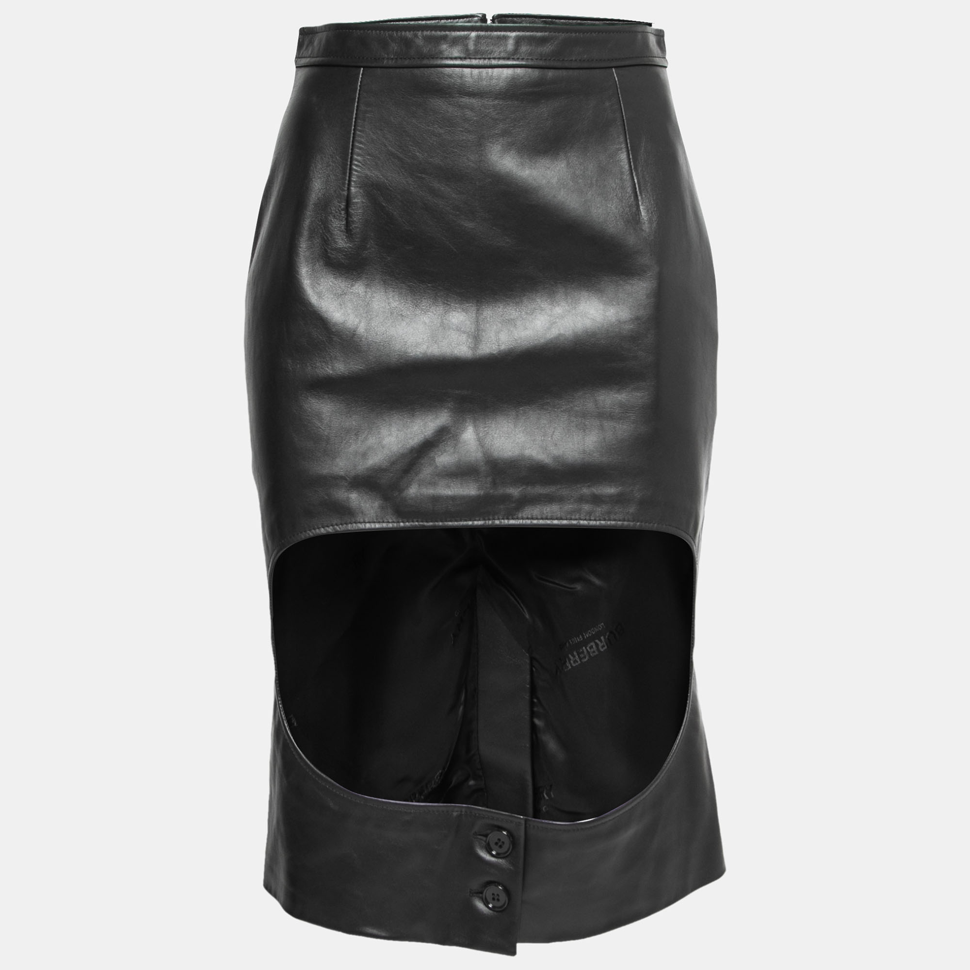 Pre-owned Burberry Black Leather Step-through Pencil Skirt S