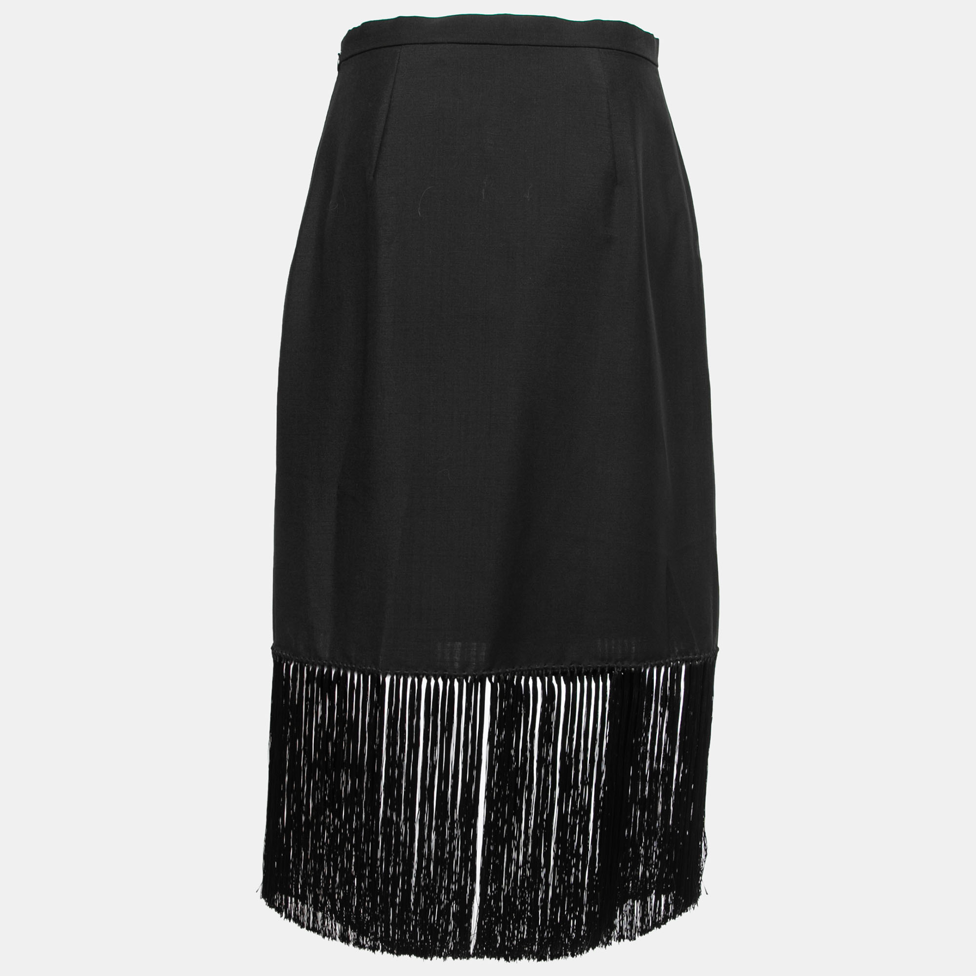 

Burberry Black Mohair & Wool Tassel Trim Midi Skirt