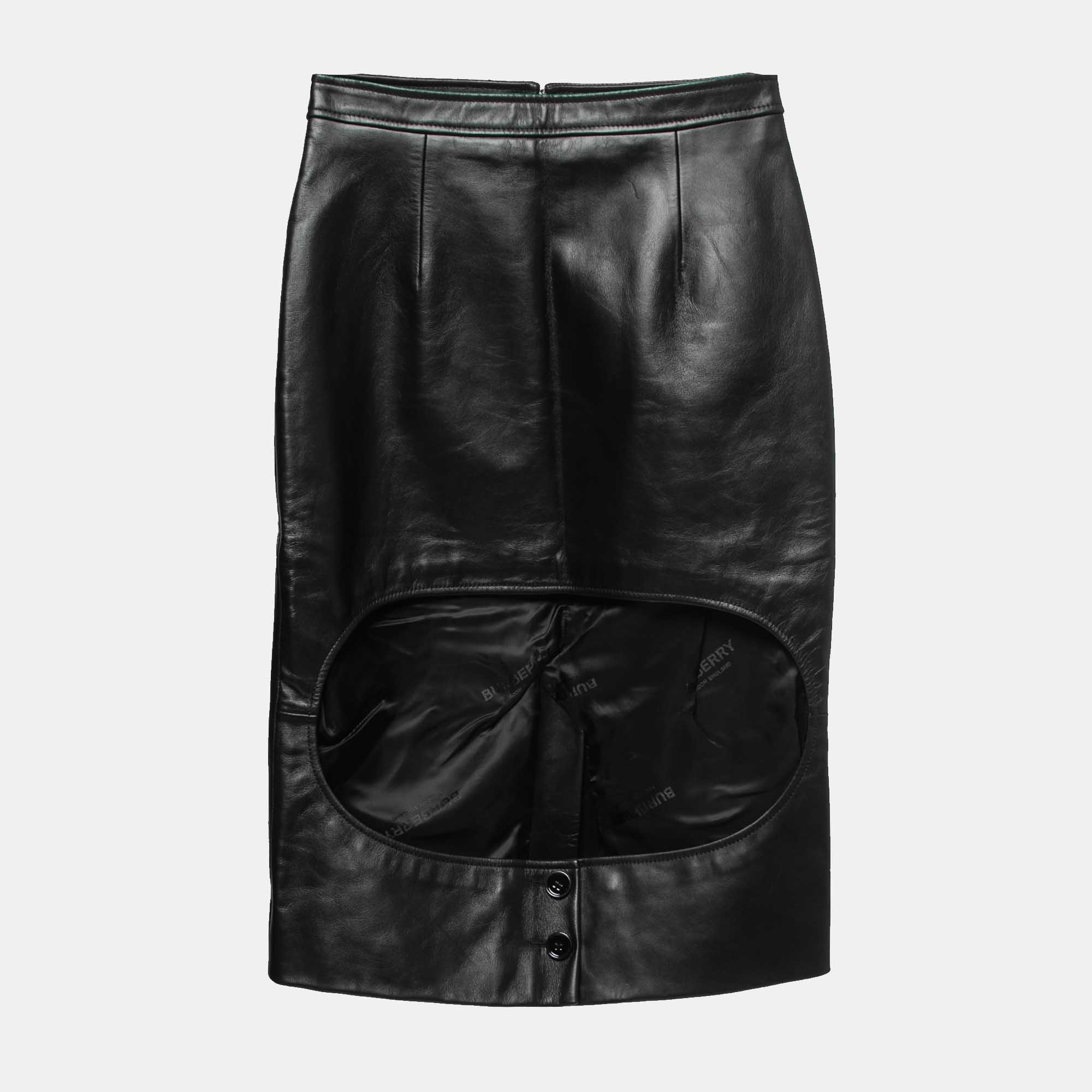 Pre-owned Burberry Black Leather Cut Out Pencil Skirt Xs