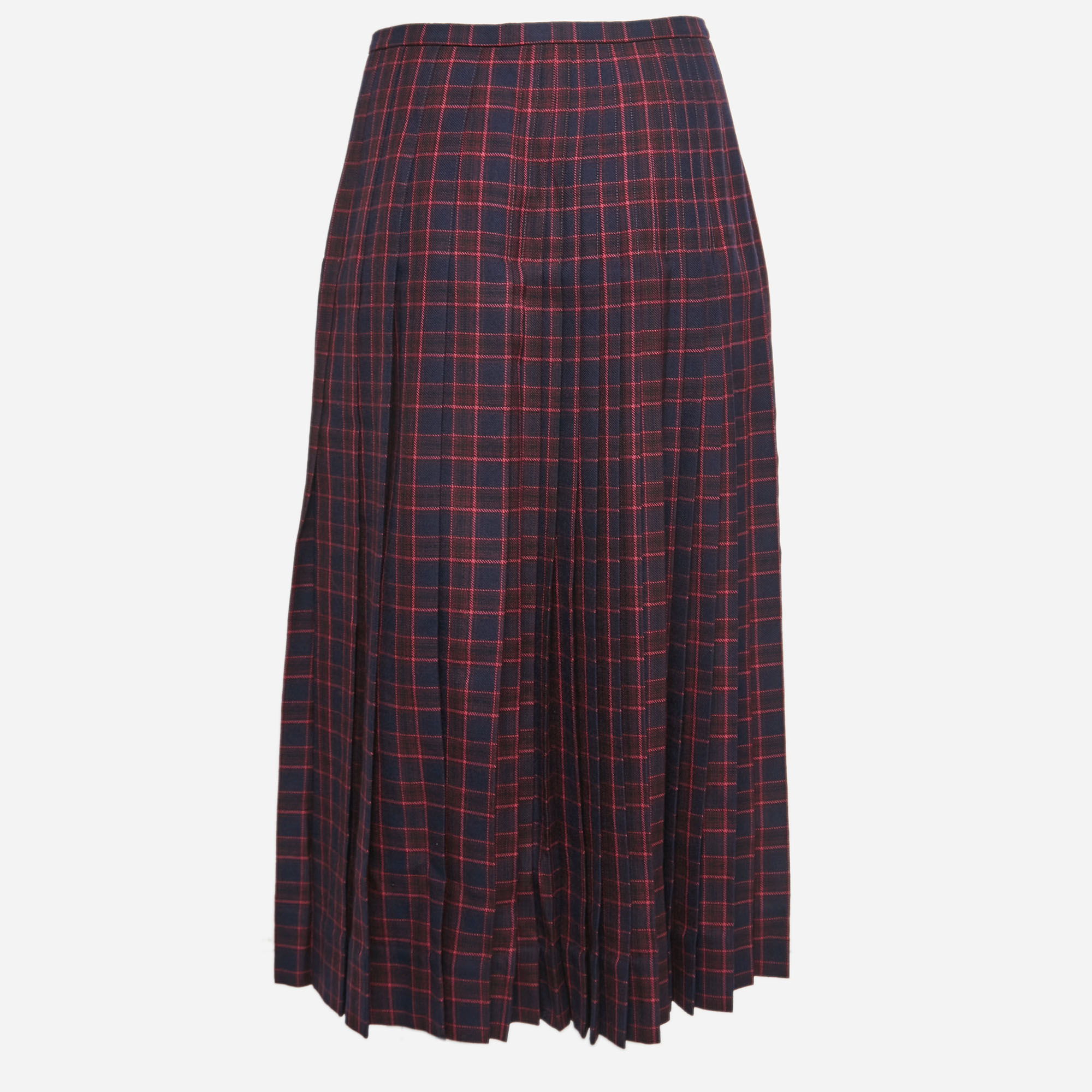 

Burberry Navy Blue Checked Wool Arroux Pleated Skirt