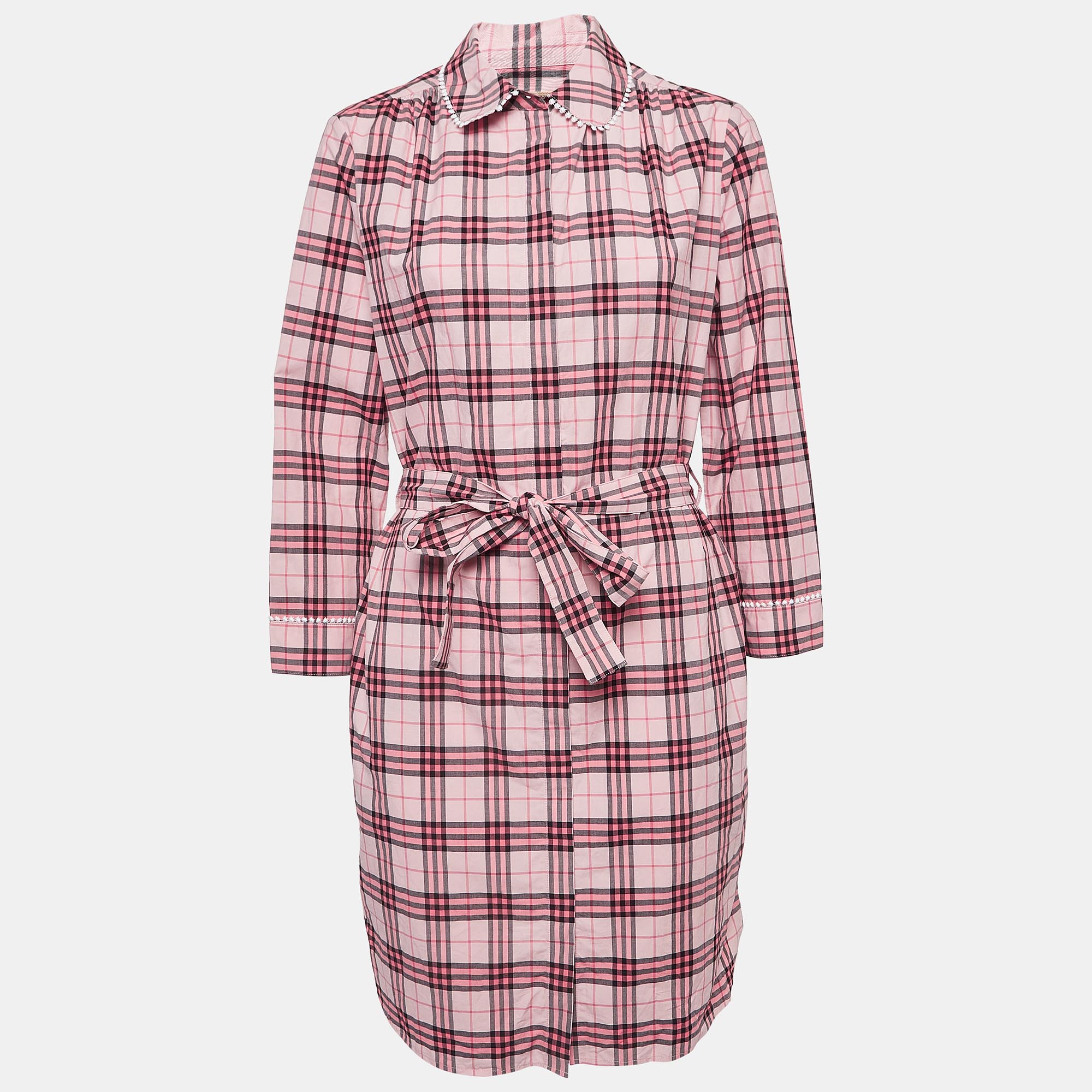 Pre-owned Burberry Pink Checked Lace Trimmed Cotton Belted Shirt Dress M