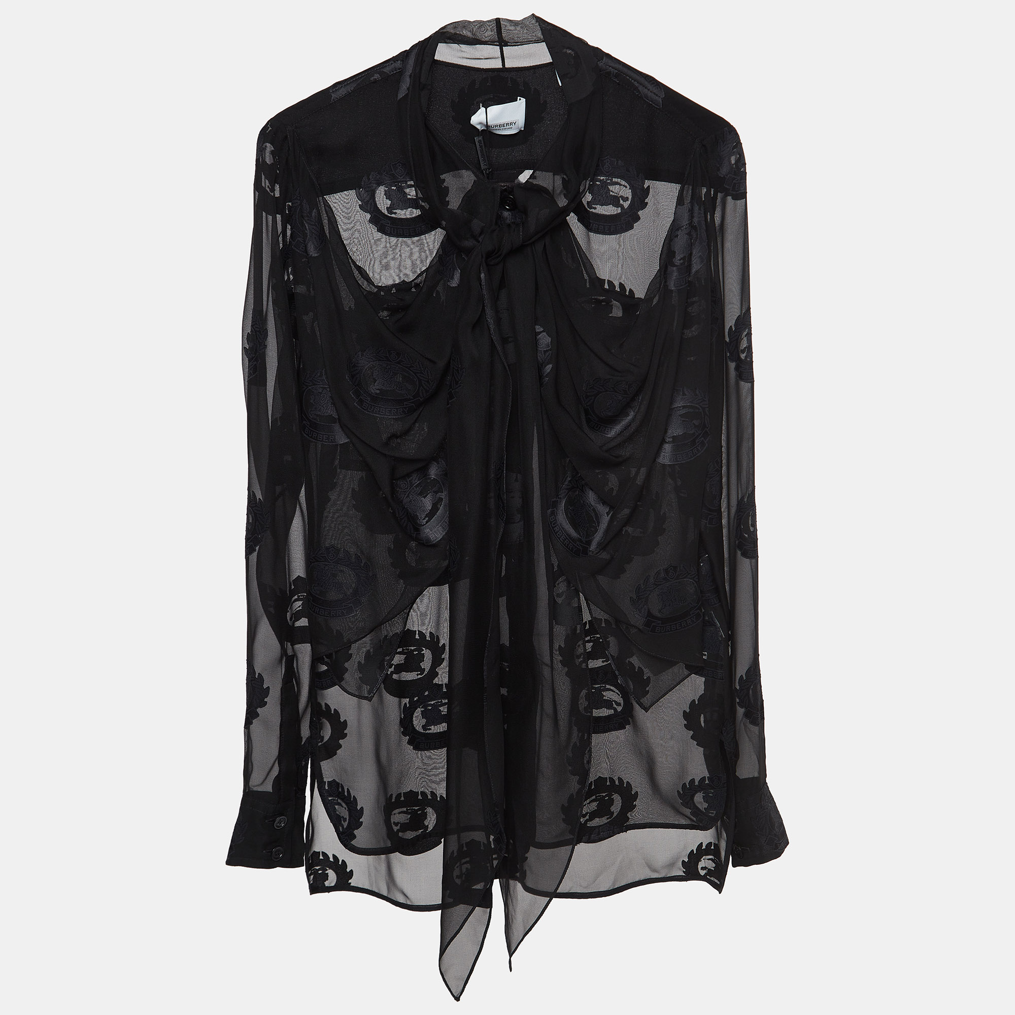

Burberry Black Logo Jacquard Silk Draped Style Sheer Shirt