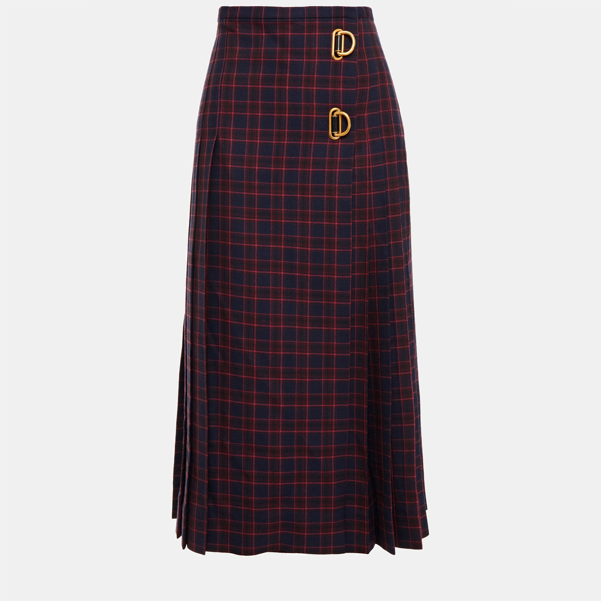 Pre-owned Burberry Navy Blue Checked Wool Midi Skirt Xs (uk 6)