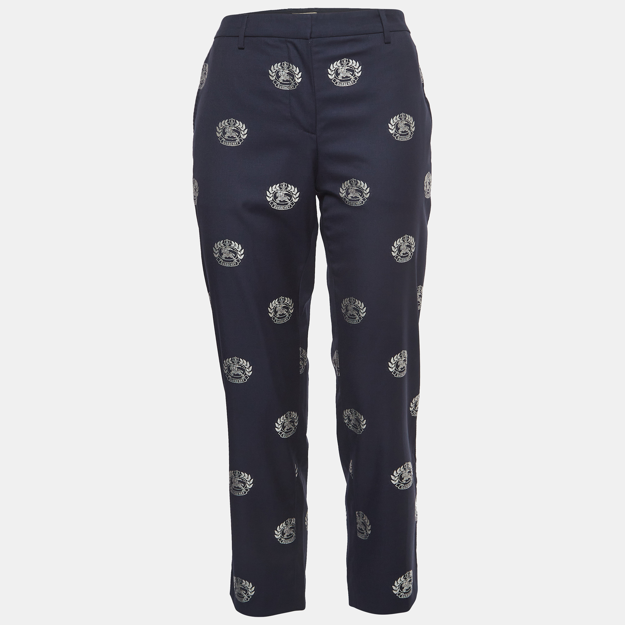 

Burberry Navy Blue Brand Logo Jacquard Casual Trousers S
