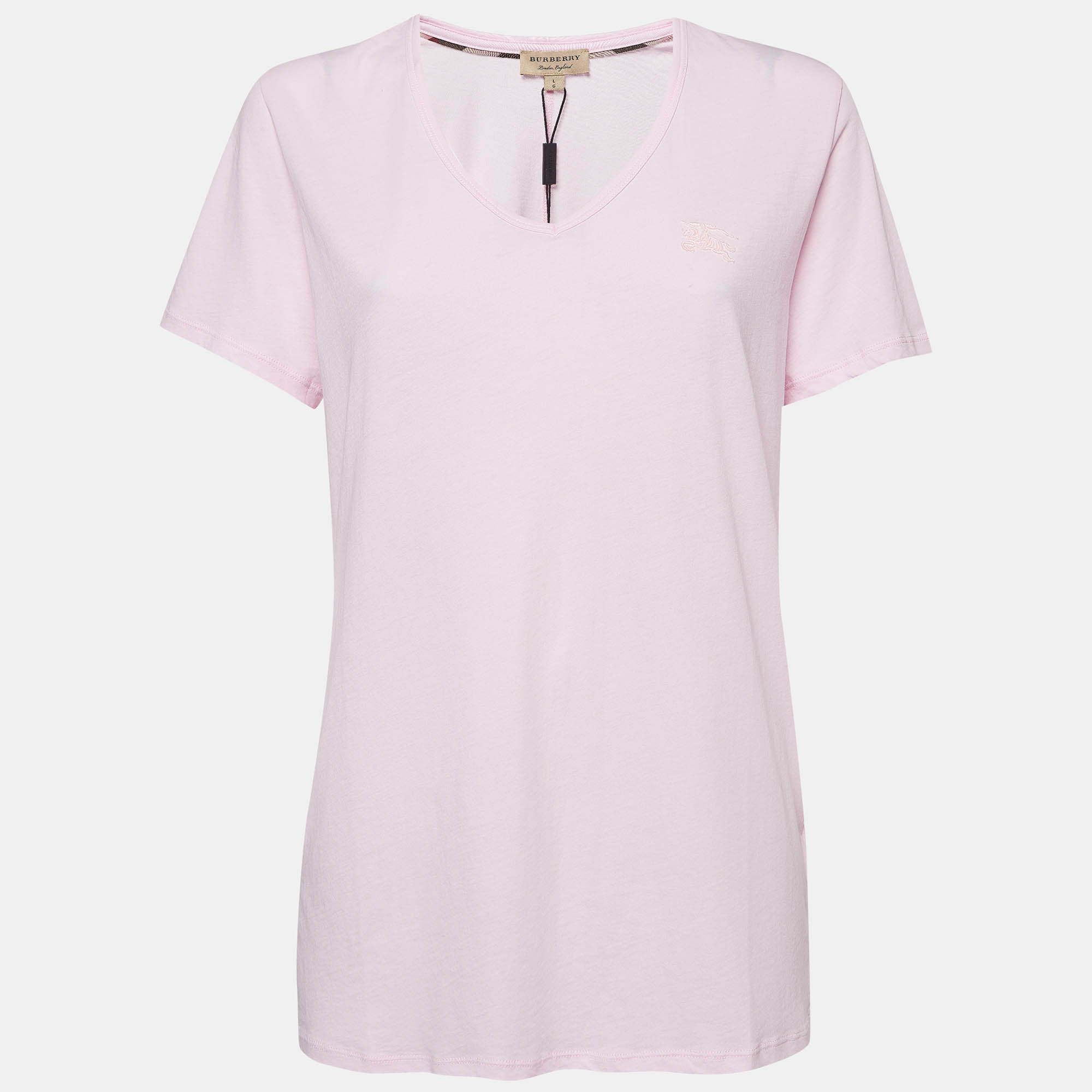 Burberry Pink Embroidered Cotton V-Neck T-Shirt L   