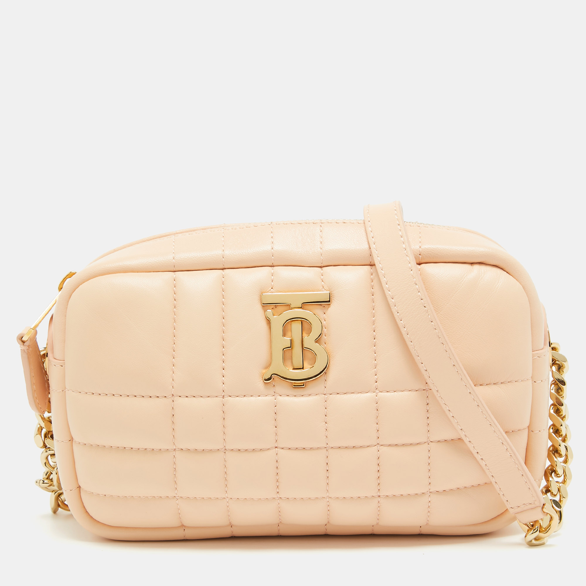 

Burberry Peach Pink Quilted Leather Mini Lola Camera Bag