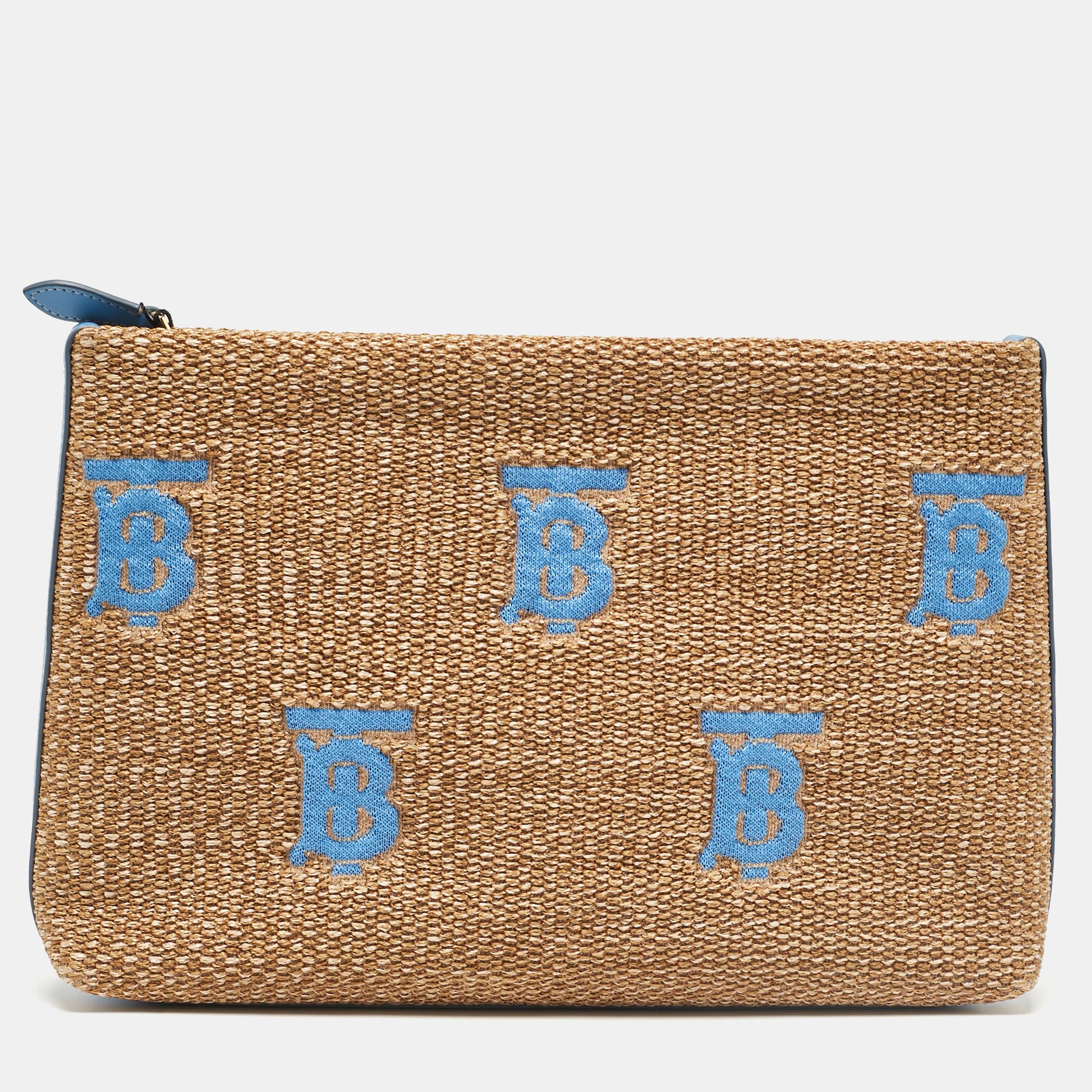 

Burberry Natural/Blue Raffia Duncan Pouch, Tan