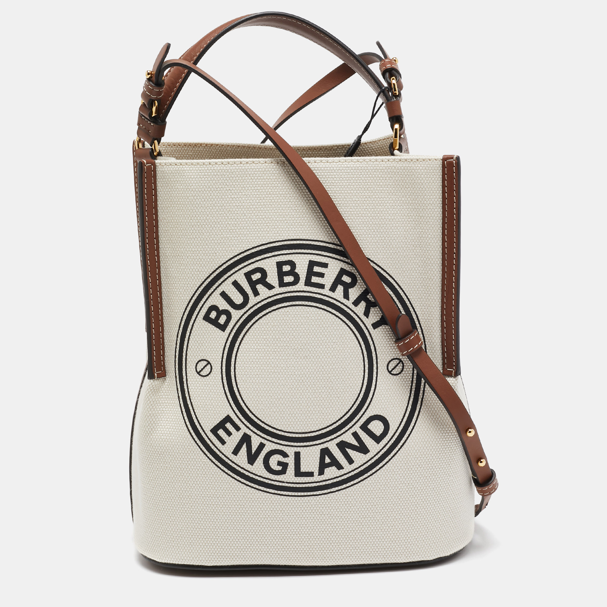 

Burberry Off White/Brown Canvas and Leather Small Peggy Bucket Bag