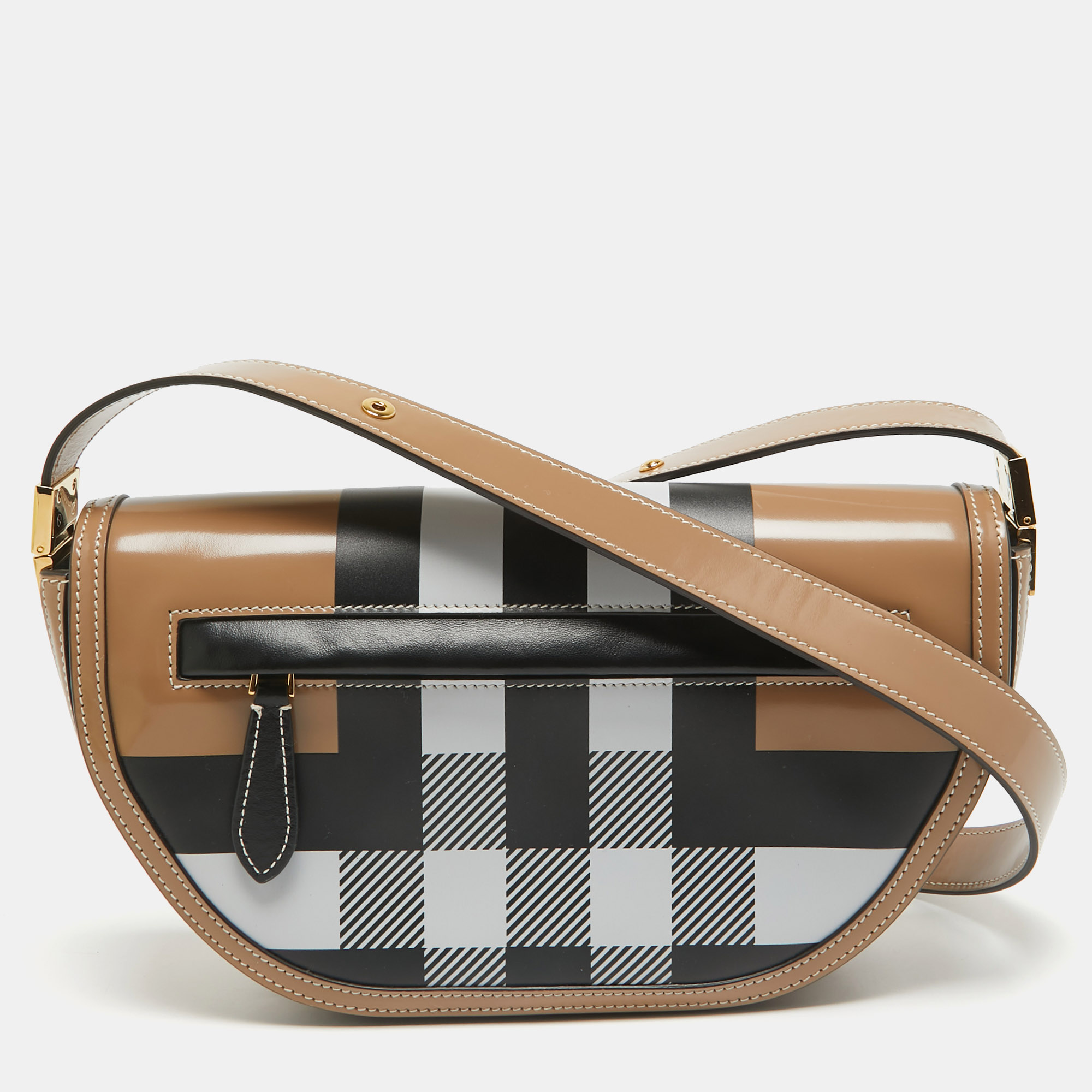 Pre-owned Burberry Beige Check Patent And Leather Small Olympia Shoulder Bag