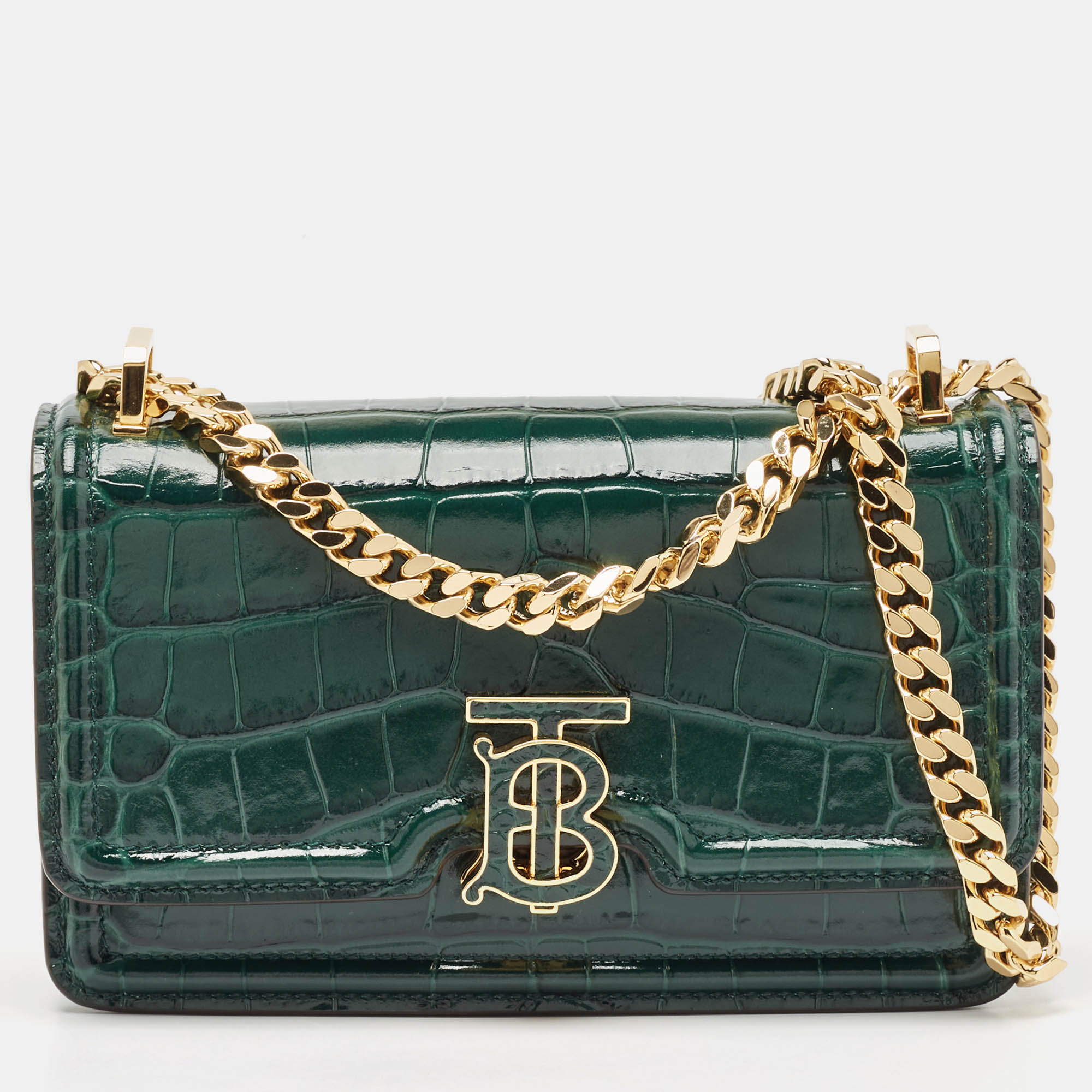 

Burberry Green Croc Embossed Patent Leather TB Elongated Chain Bag