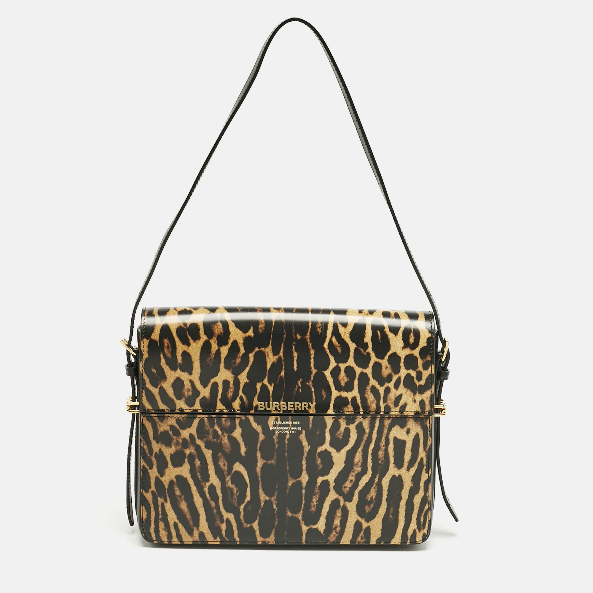 

Burberry Black/Brown Leopard Print Glossy Leather Large Grace Shoulder Bag