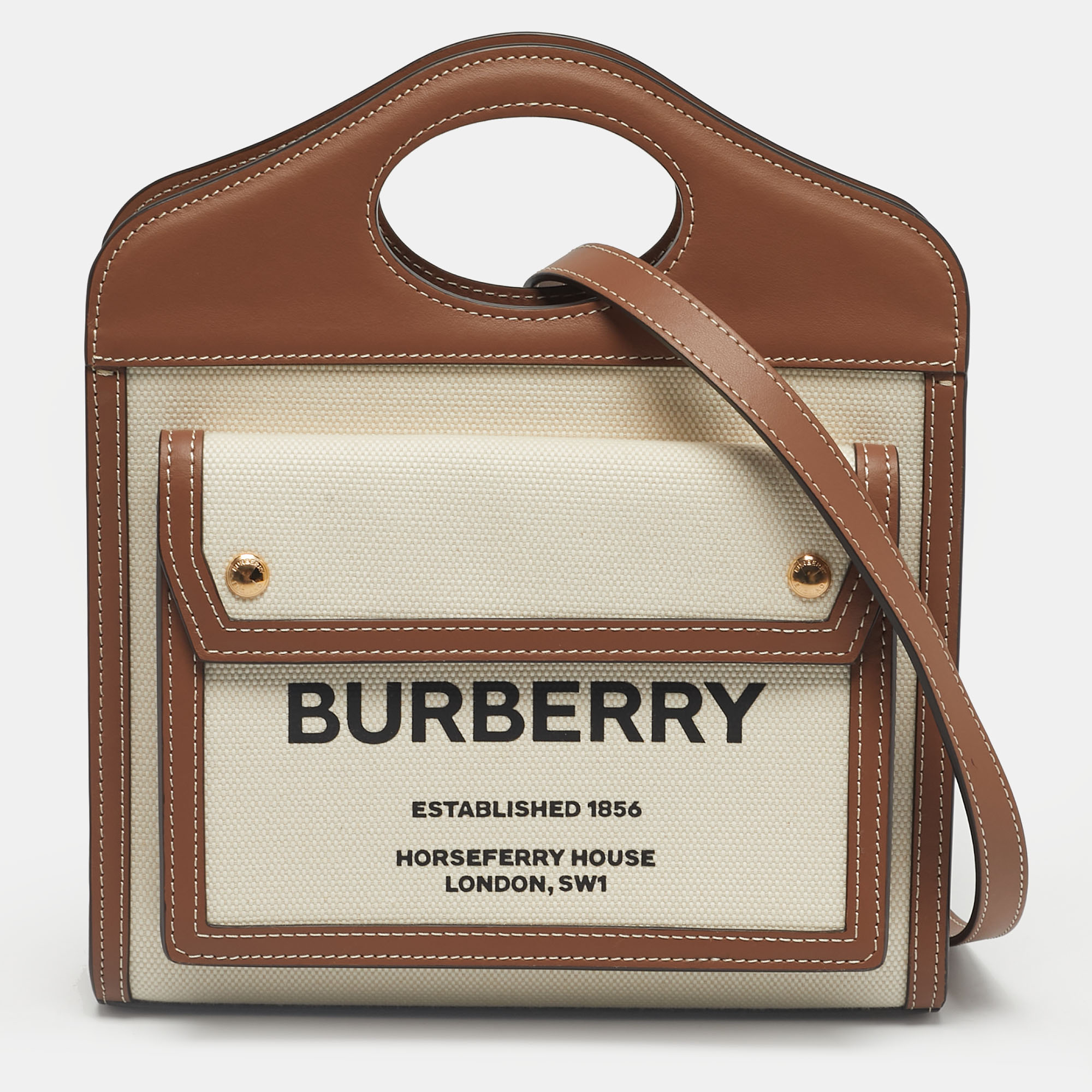 Pre-owned Burberry Brown/cream Leather And Canvas Mini Pocket Tote