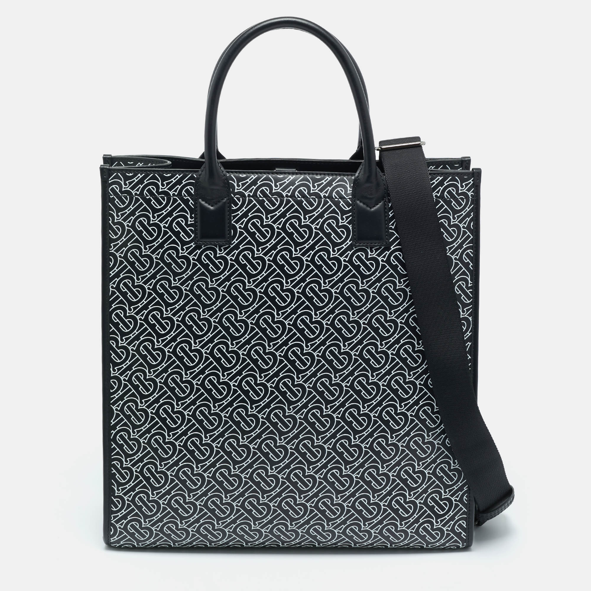 

Burberry Black/White TB Logo Leather Vertical Denny Tote