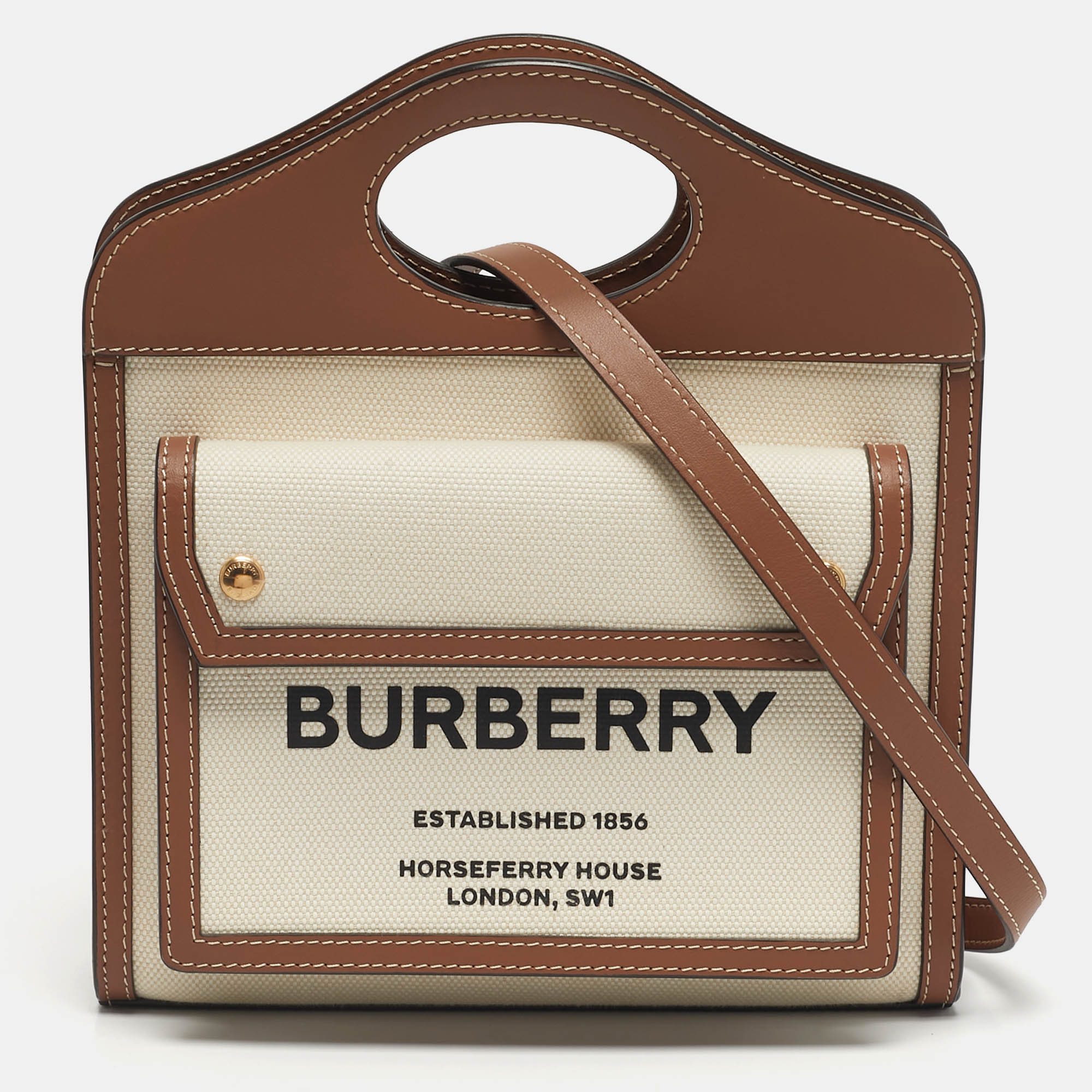 Pre-owned Burberry Pocket Mini Brown/off White Leather And Canvas Tote