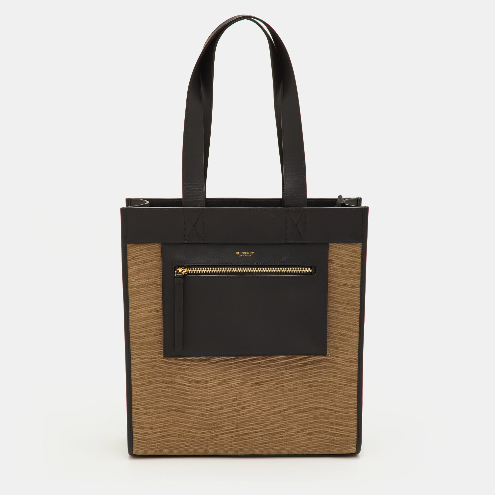 

Burberry Pocket Manzon Small Black/Beige Canvas and Leather Shopper Tote