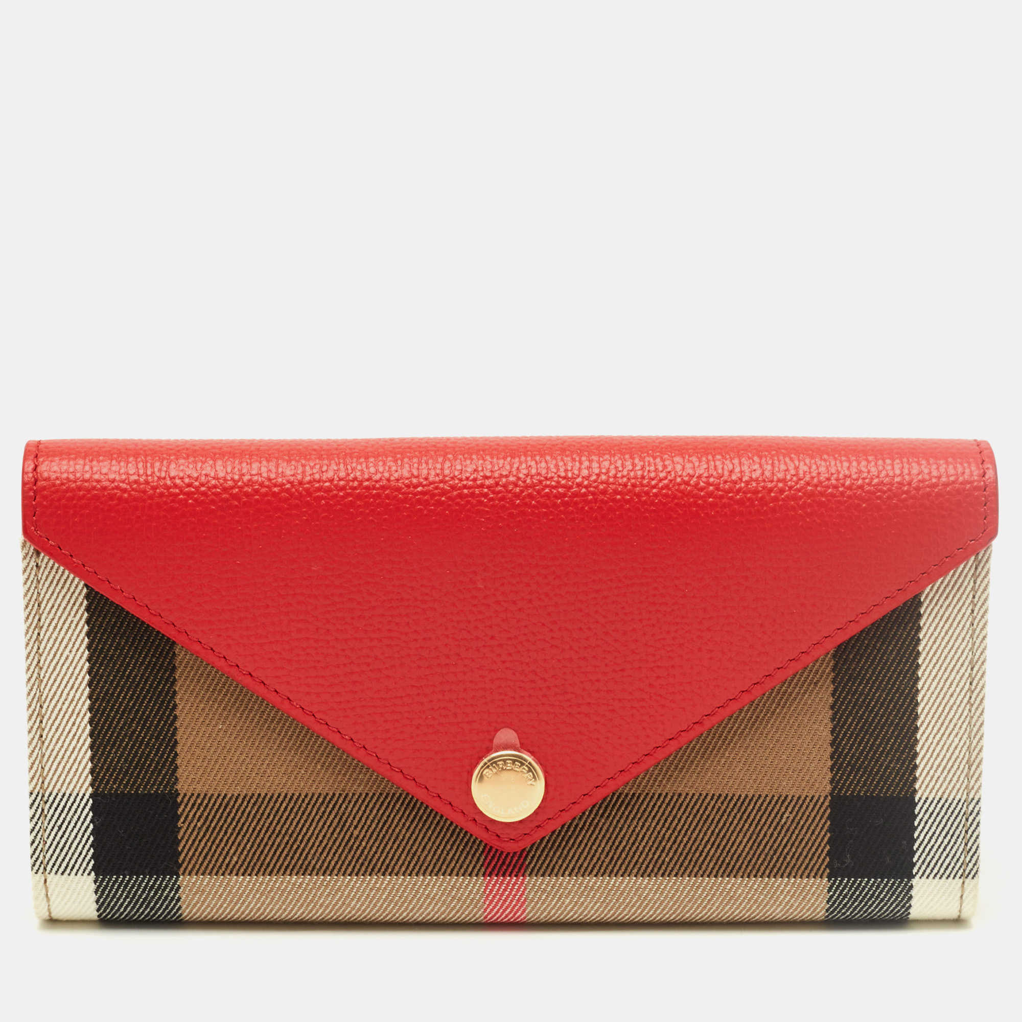 

Burberry Halton Red/Beige Leather and House Check Canvas Continental Wallet