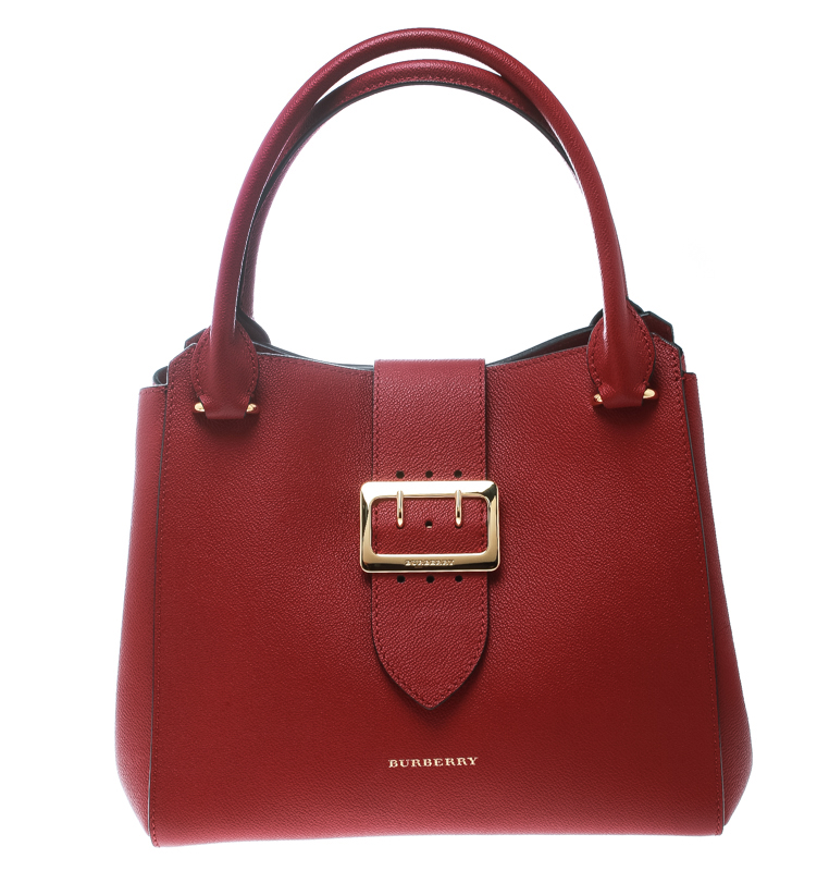 Burberry Red Leather Medium Buckle Top Handle Bag