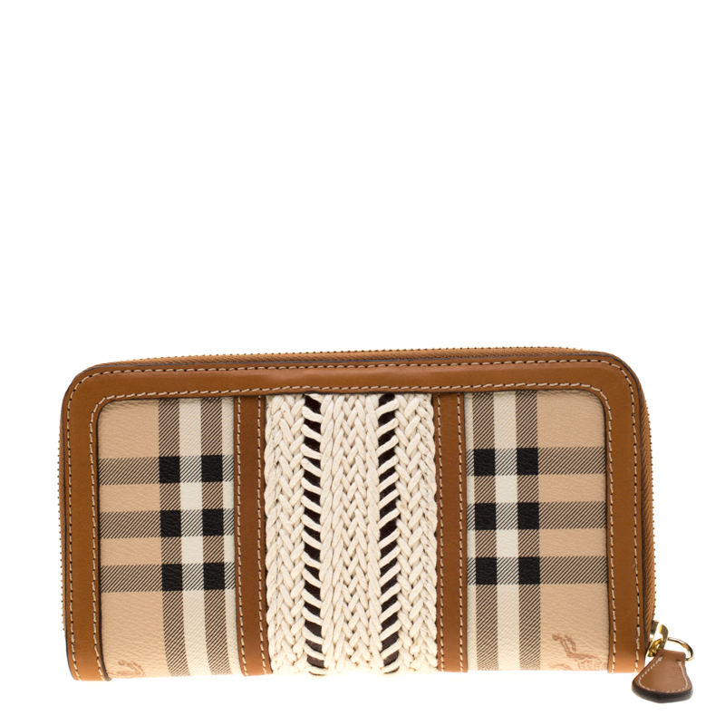 Pre Owned Burberry Beige/Brown House Check PVC and Leather Zip Around Wallet
