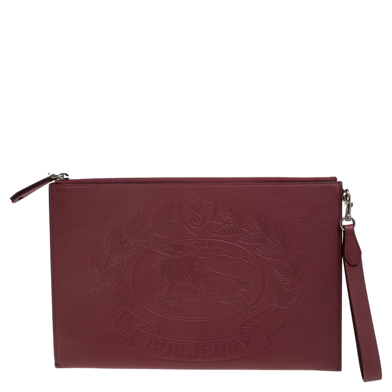 Pre Owned Burberry Maroon Leather Document Wristlet Pouch