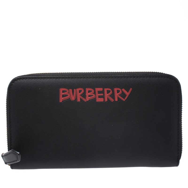Pre-owned Burberry Black Leather Logo Zip Around Wallet