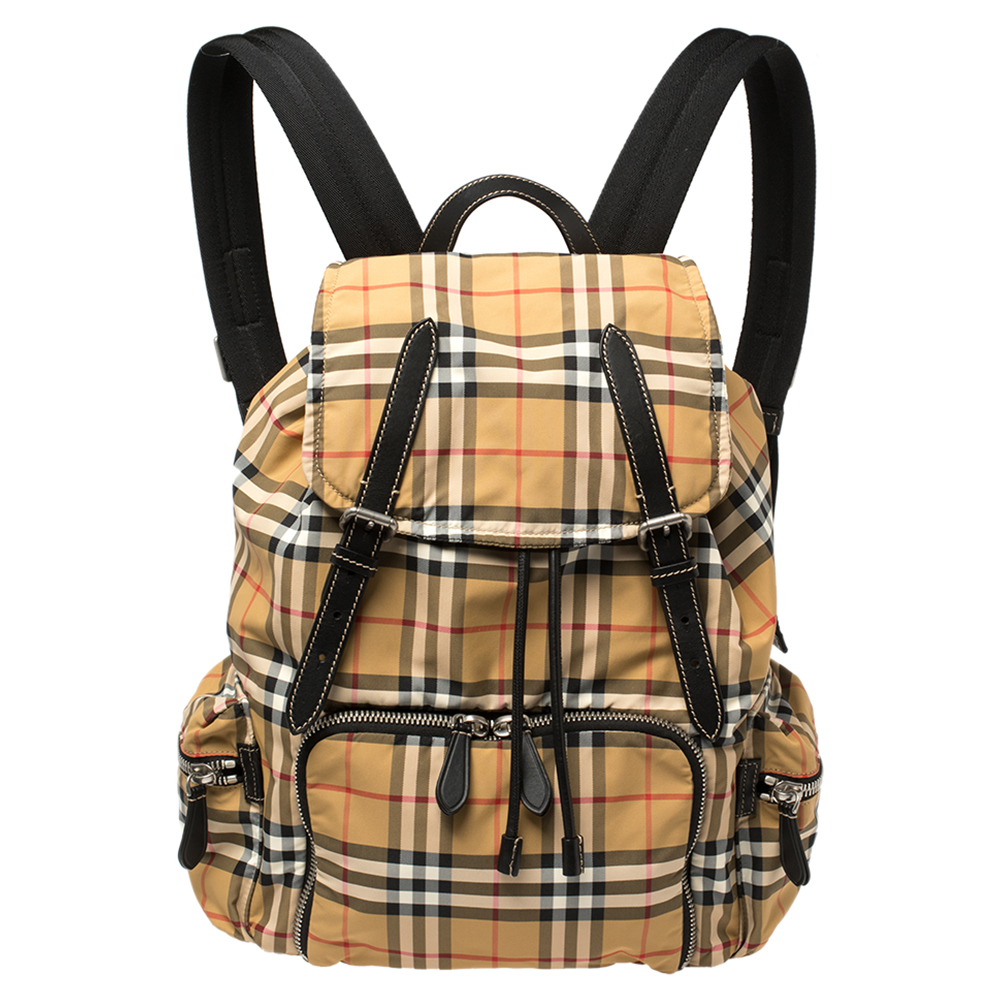 Pre-owned Burberry Antique Yellow Vintage Check Nylon Large Rucksack Backpack In Beige