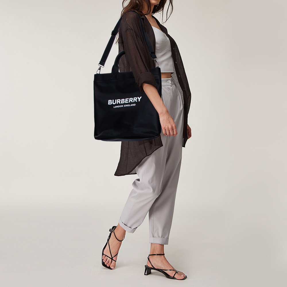 

Burberry Black Nylon Logo Print Econyl Tote