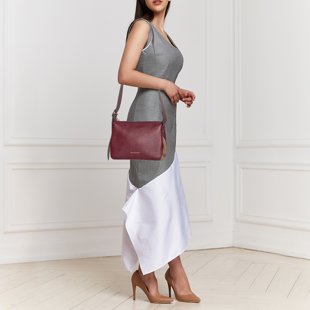 

Burberry Burgundy Leather And House Check Canvas Helmsley Crossbody Bag