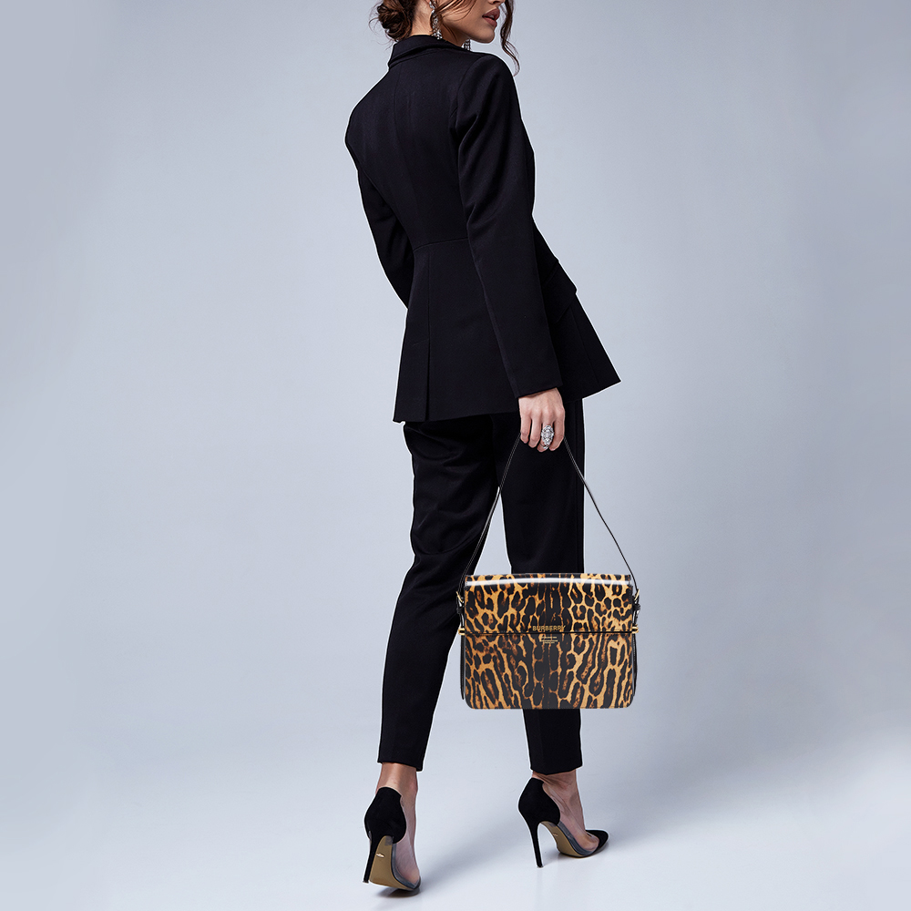 

Burberry Black/Brown Leopard Print Glossy Leather Large Grace Shoulder Bag
