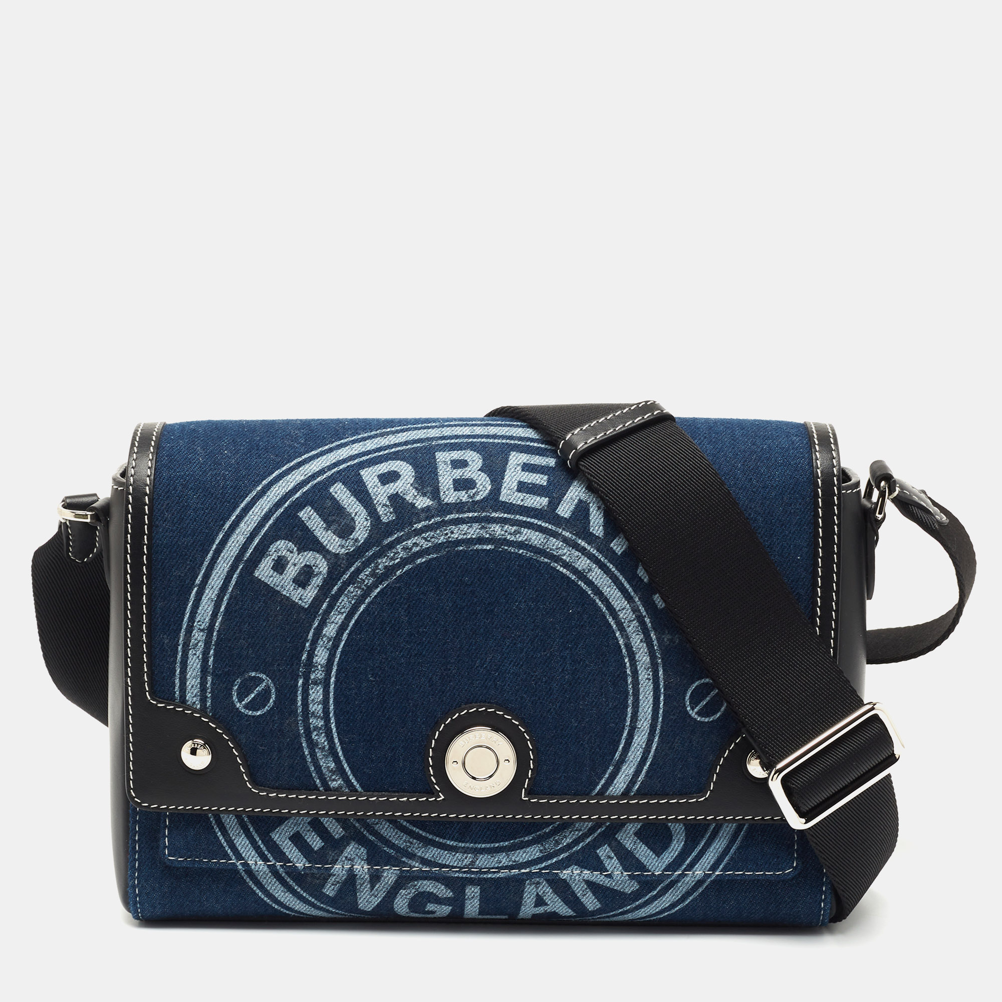 Pre-owned Burberry Blue/black Denim And Leather Medium Note Crossbody Bag