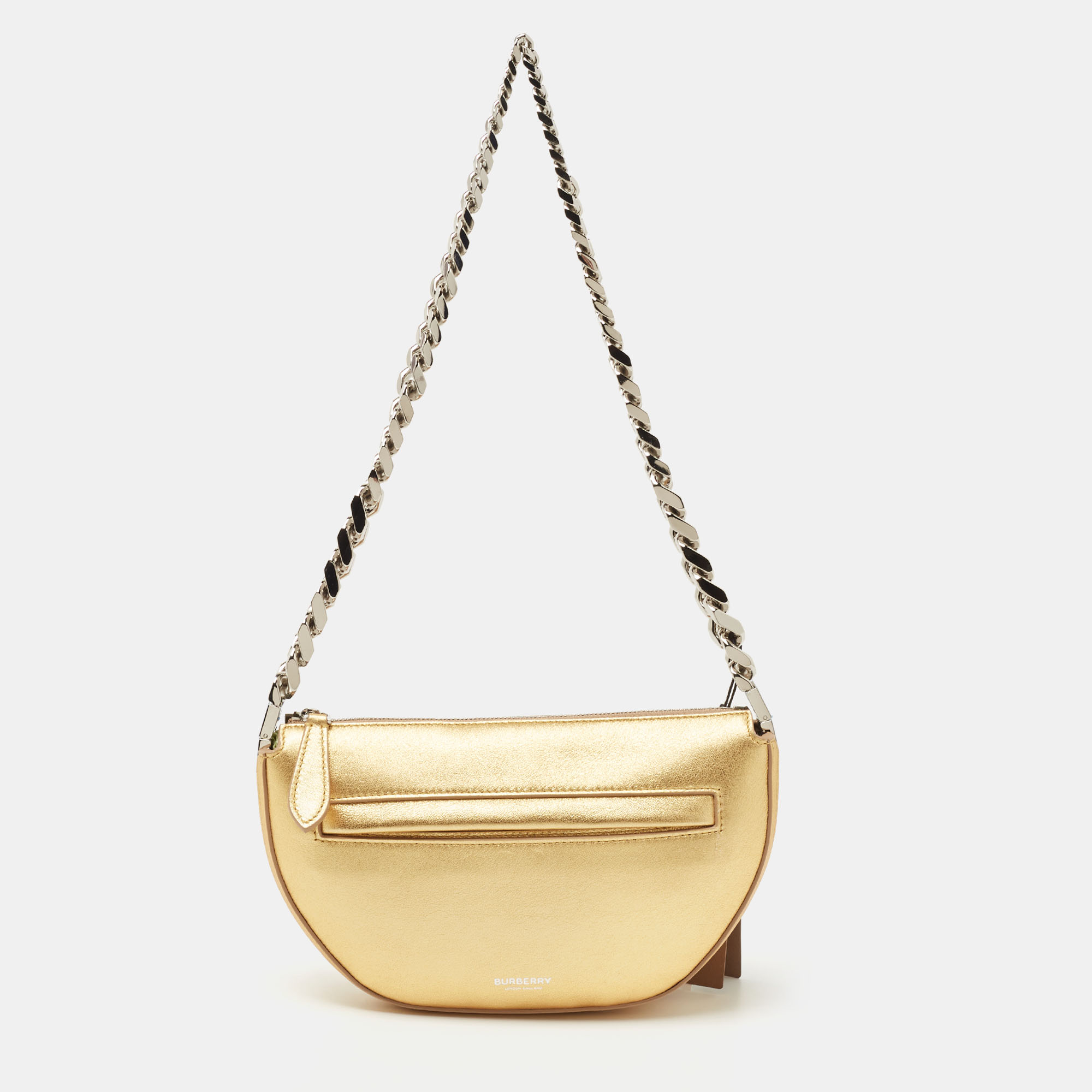 Pre Owned Burberry Gold Leather Mini Olympia Zip Chain Bag