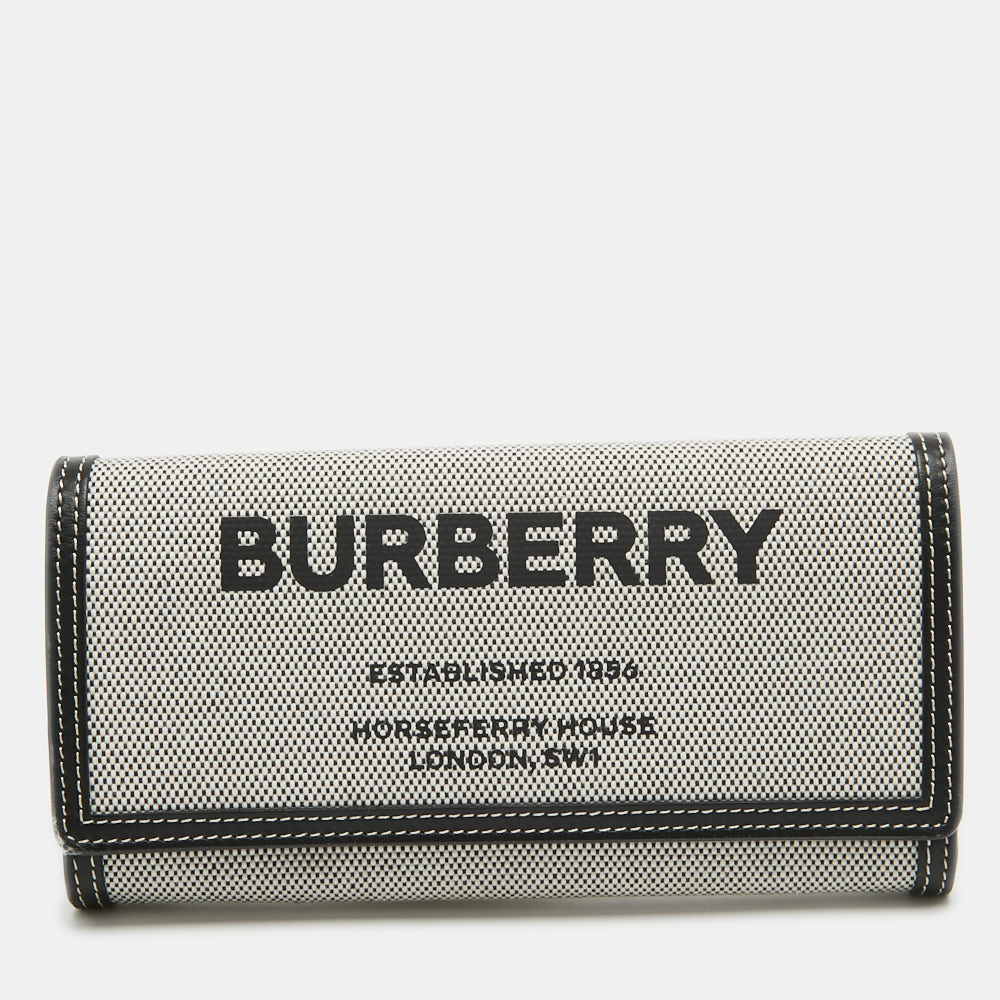Pre-owned Burberry Grey/black Logo Canvas And Leather Halton Continental Wallet