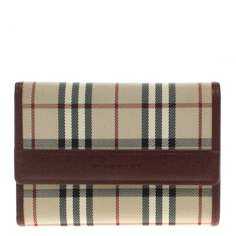 Pre Owned Burberry Burgundy House Check Canvas Compact Wallet