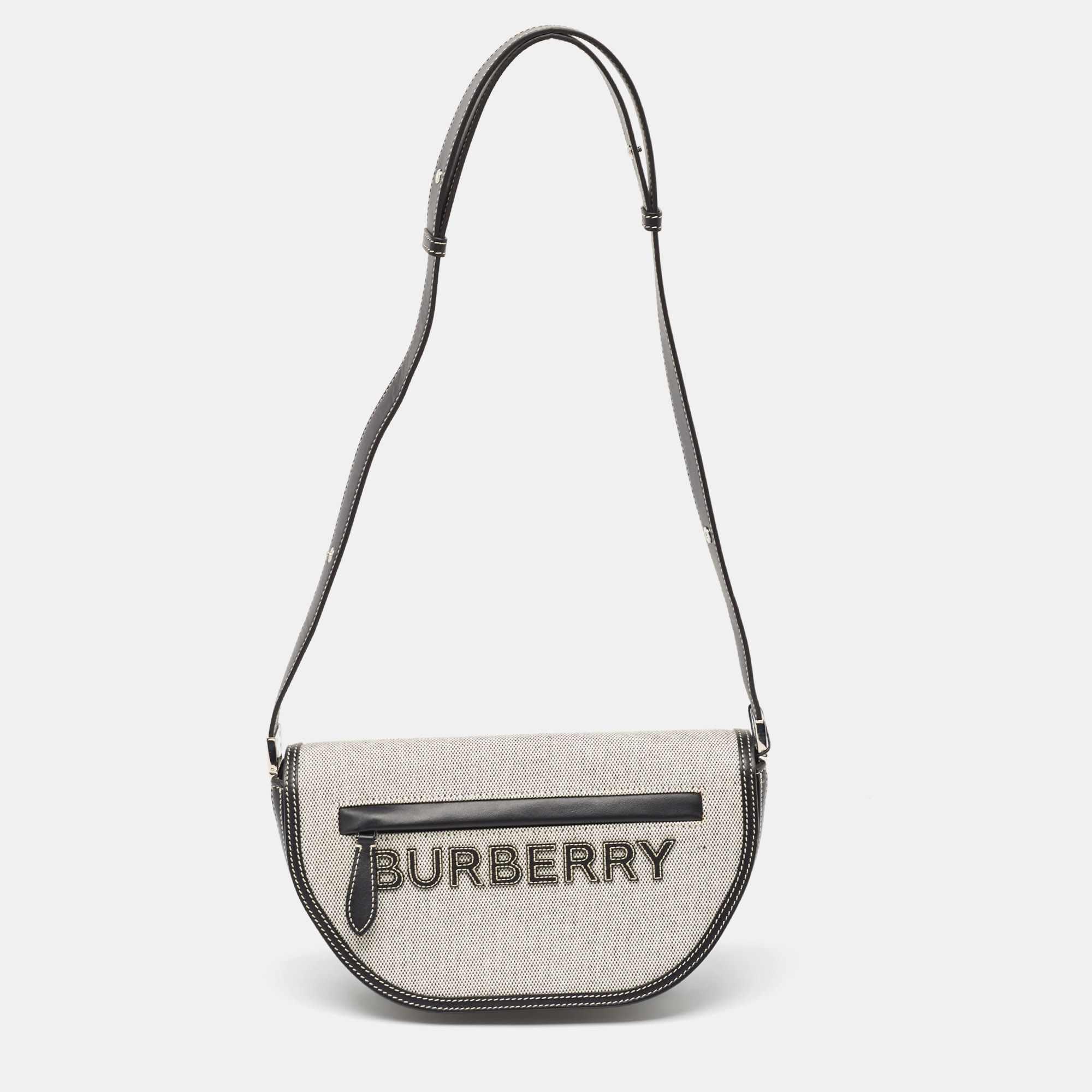 Pre-owned Burberry Black/white Canvas And Leather Small Olympia Shoulder Bag