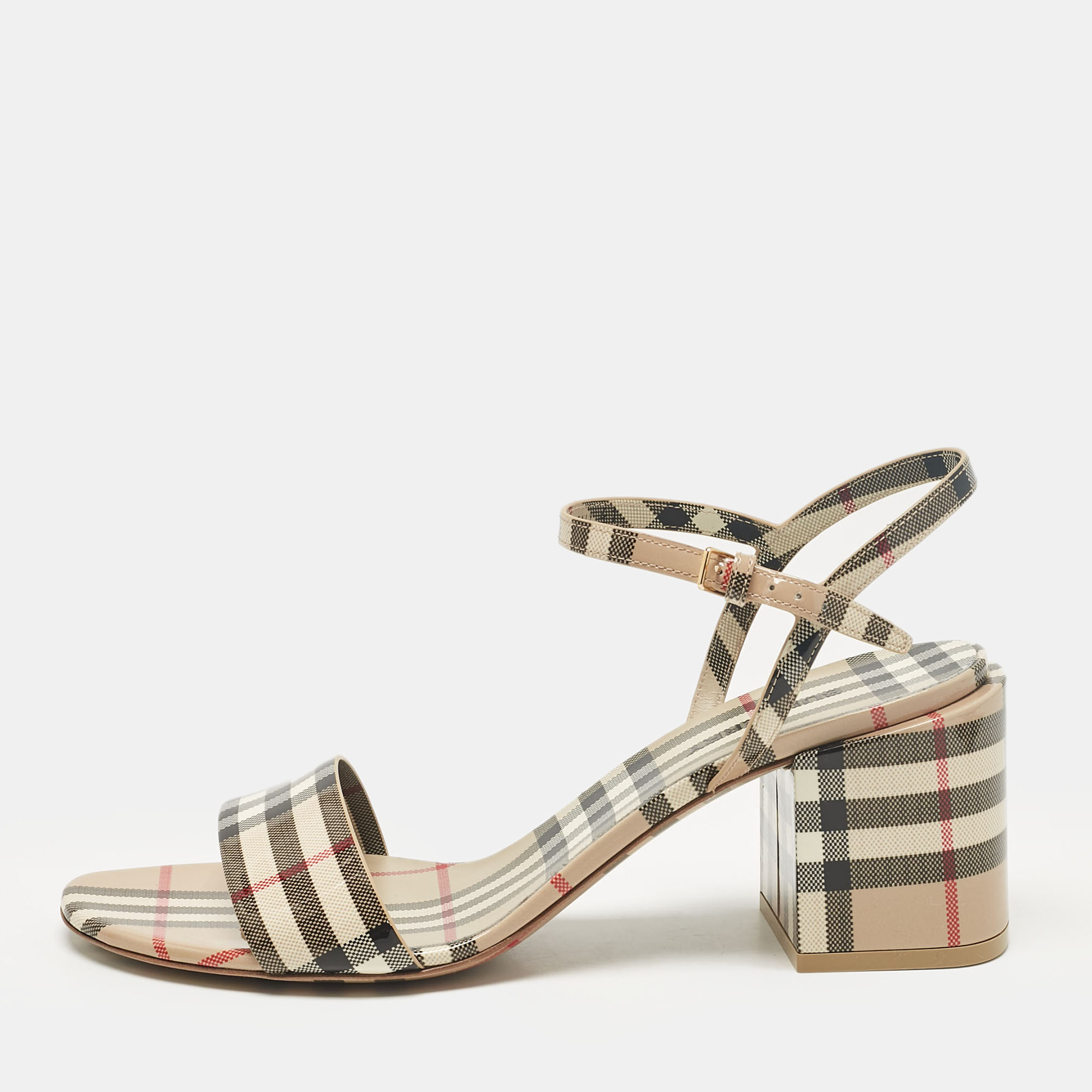 

Burberry Beige Cornwall Check Patent Leather Ankle Strap Sandals Size