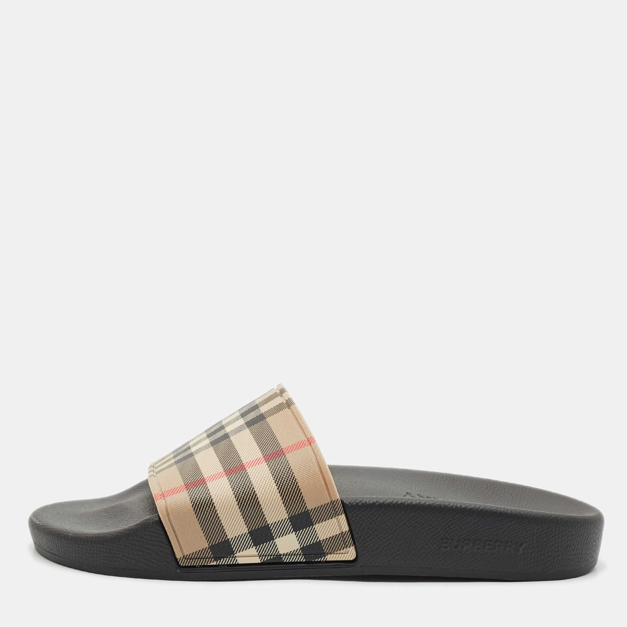 

Burberry Beige/Black House Check PVC Furley Flat Slides Size