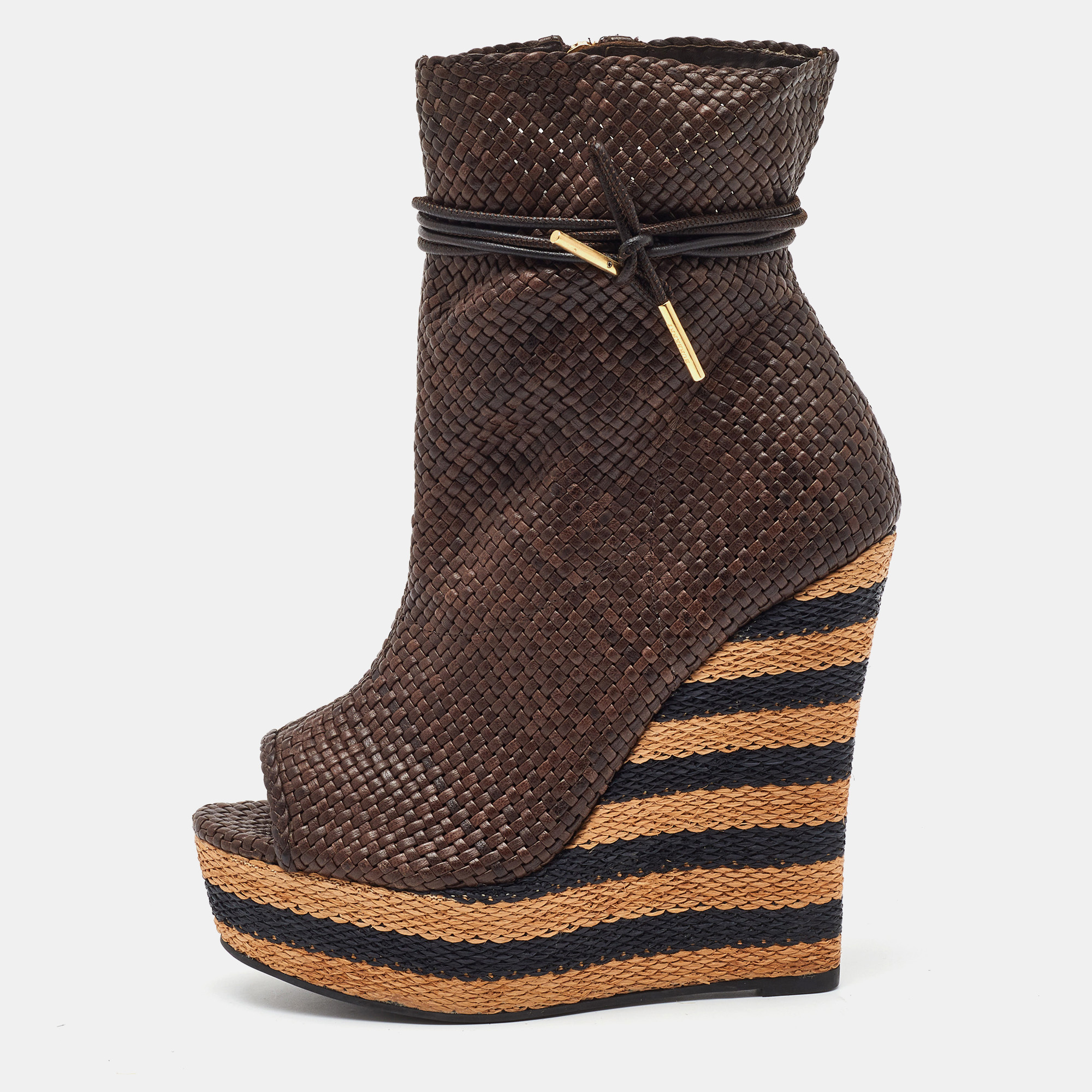 

Burberry Brown Woven Leather Raffia Platform Wedge Ankle Length Boots Size