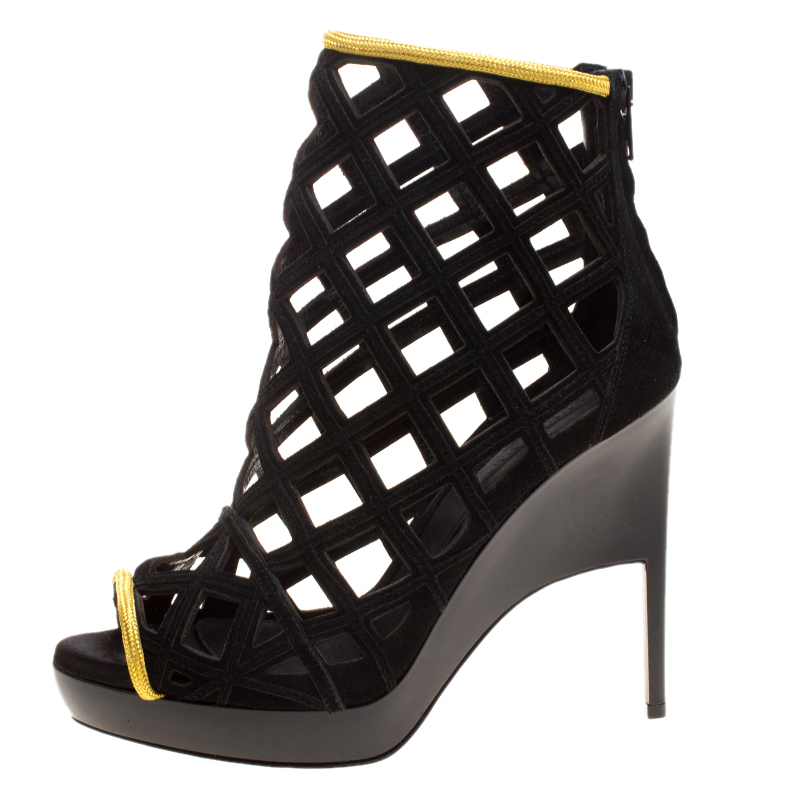 Burberry Prorsum Black Suede and Gold Edenside Cage Wedge Ankle
