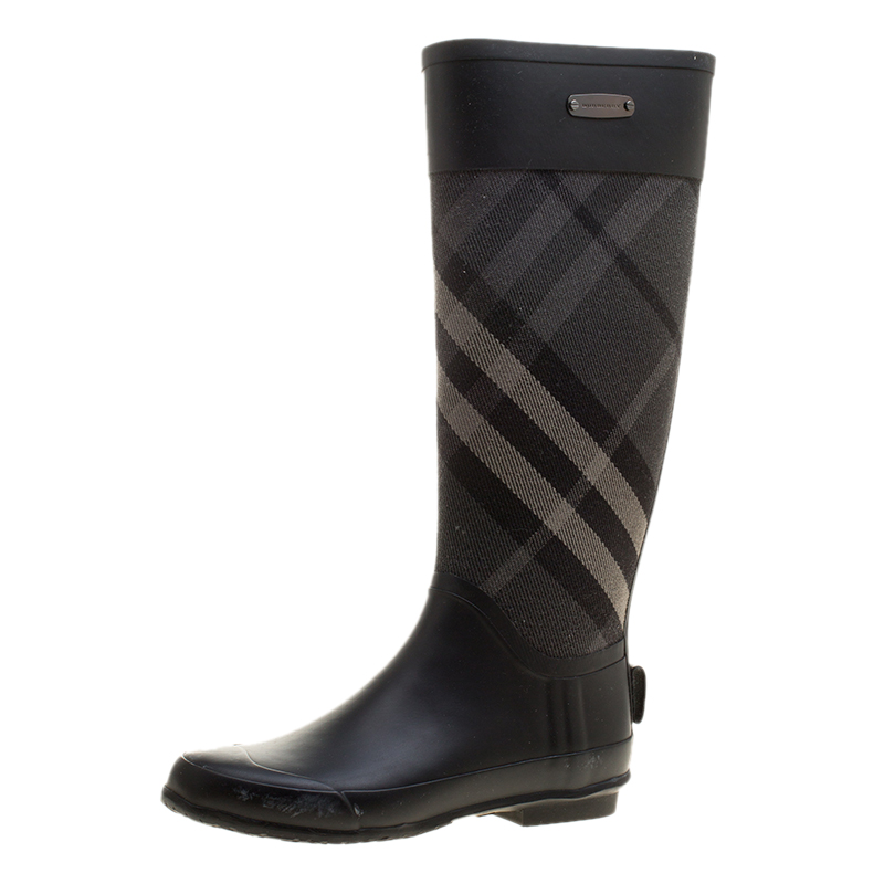 Burberry Black Rubber and Beat Check Fabric Rain Boots Size 36