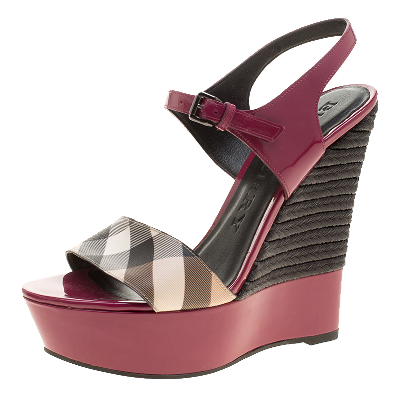 Burberry Magenta Patent Leather and Canvas Espadrille Platform Wedge Sandals Size 39.5